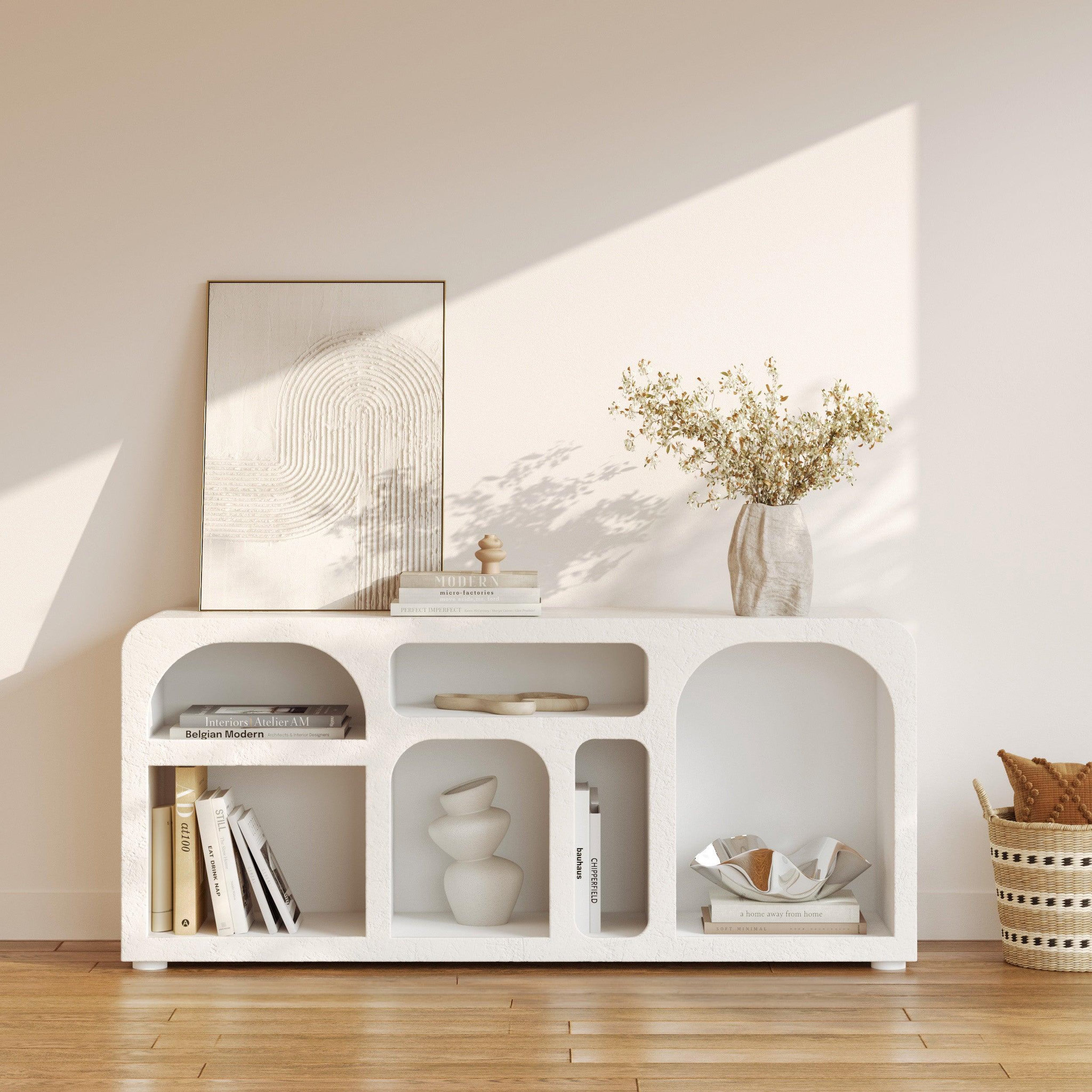 Voir la diapositive 2 : MAISON PAVANE Buffet en plâtre blanc cassé 160 cm-fira