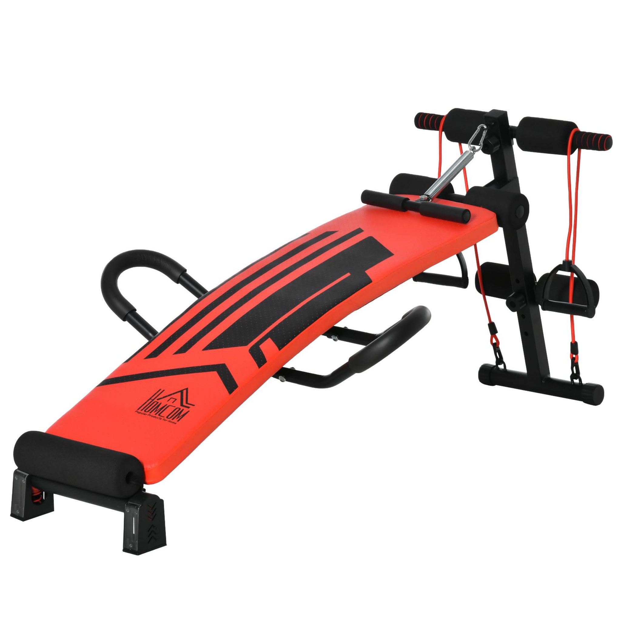 Voir la diapositive 1 : HOMCOM Banc de musculation pliable réglable - 2 bandes de résistance, ressort central traction, 2 poignées - acier PU rouge noir