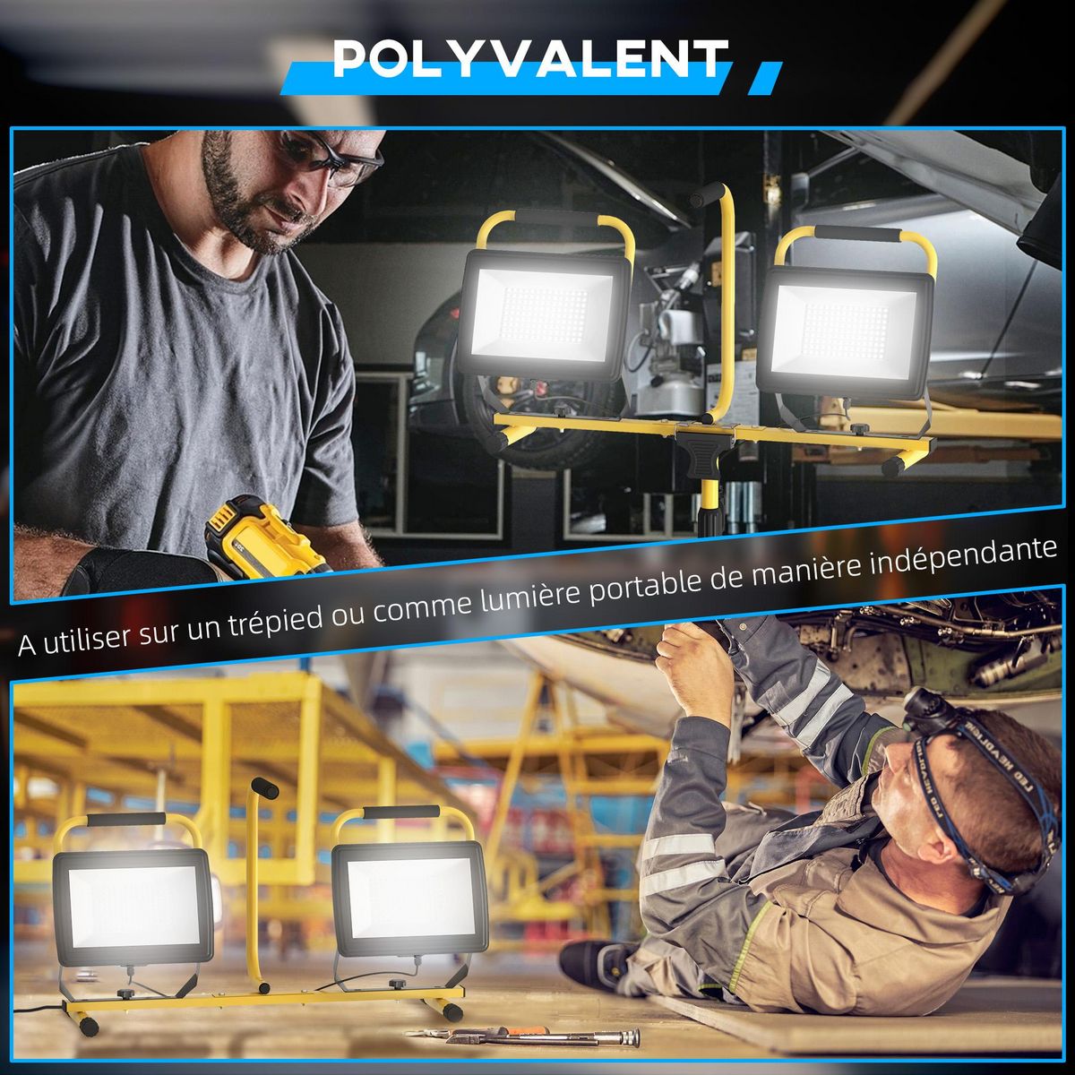 HOMCOM Projecteur de chantier sur trépied réglable orientable - 2 x 100W - 17000LM - étanche IP65 - métal jaune