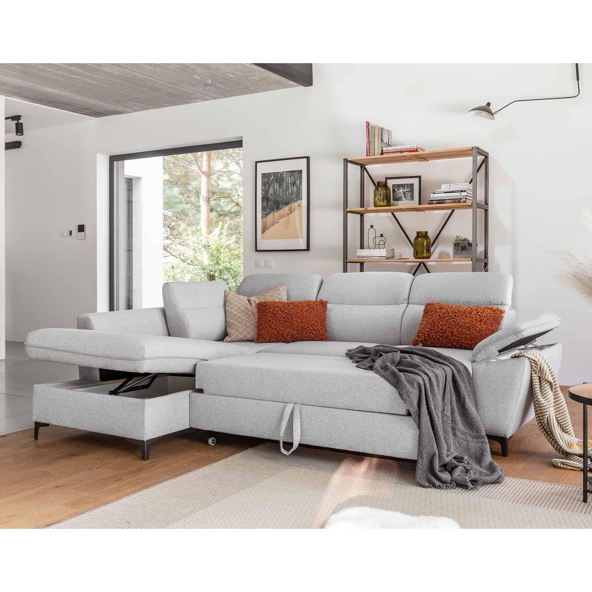 BEST MOBILIER Clever - canapé d'angle gauche - 5 places - convertible avec coffre et têtières - en tissu