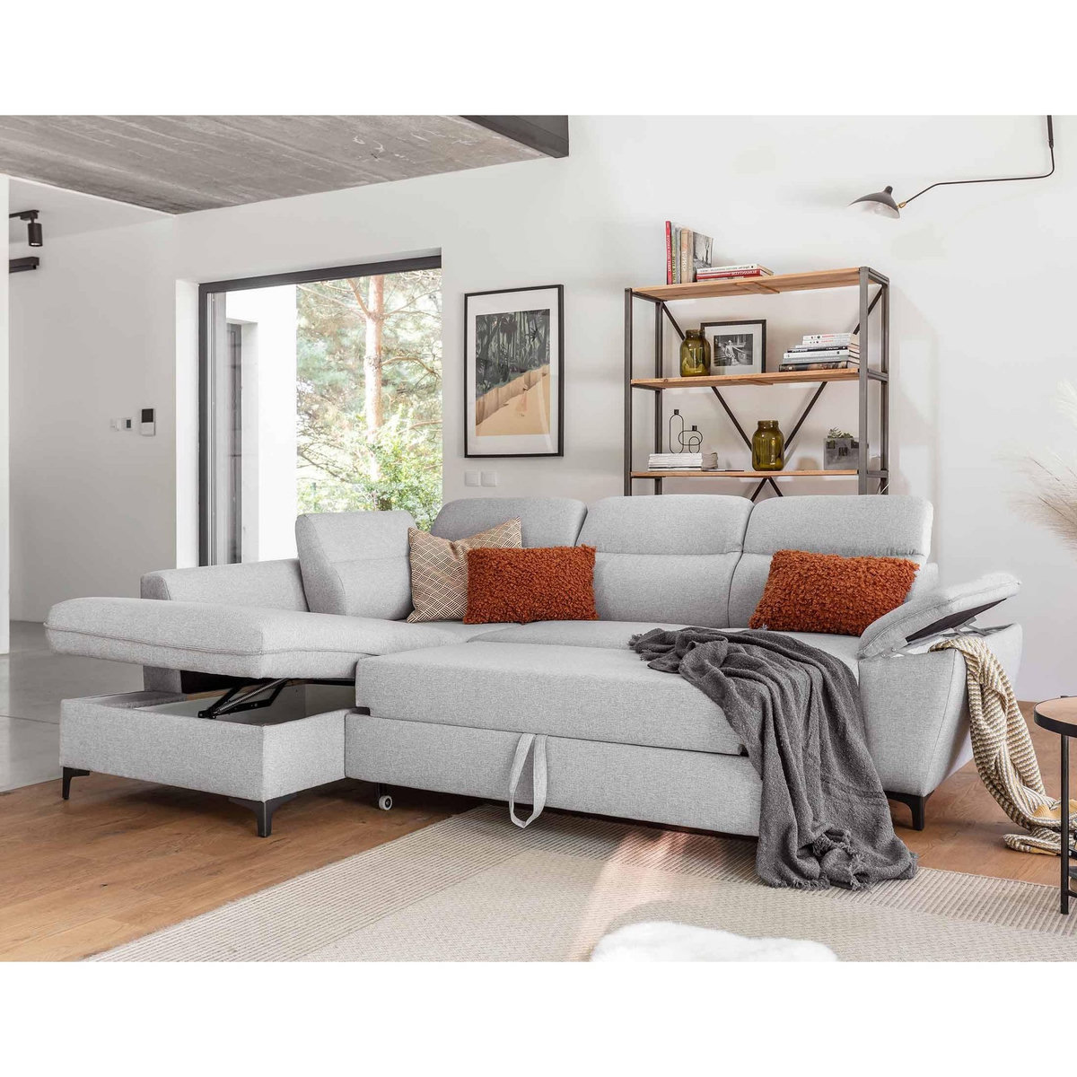 BEST MOBILIER Clever - canapé d'angle gauche - 5 places - convertible avec coffre et têtières - en tissu