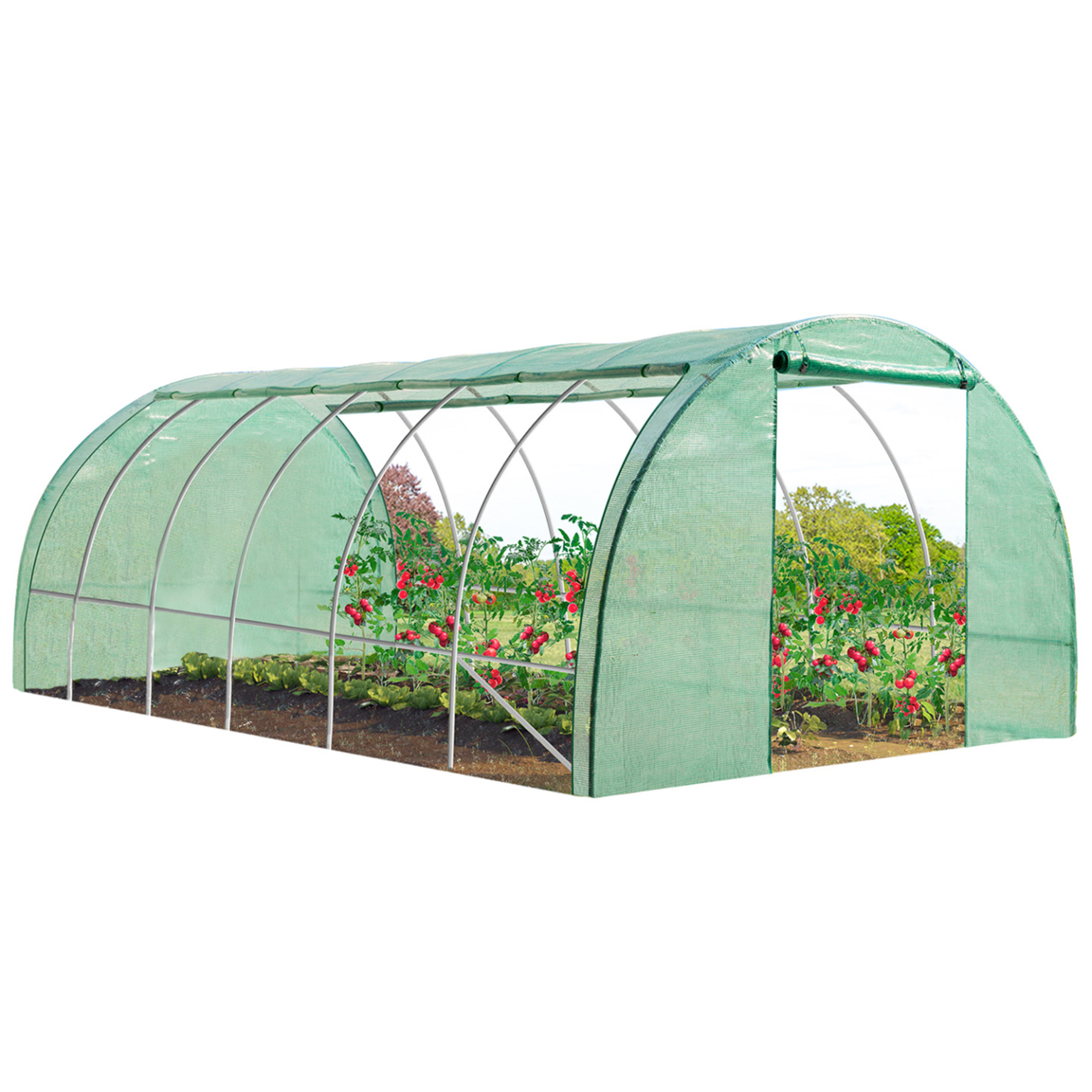 ID MARKET Serre de jardin tunnel 18m² 6 x 3 x 2 m acier galvanisé + bâche anti-uv avec porte et fenêtres crimée verte toutes saisons
