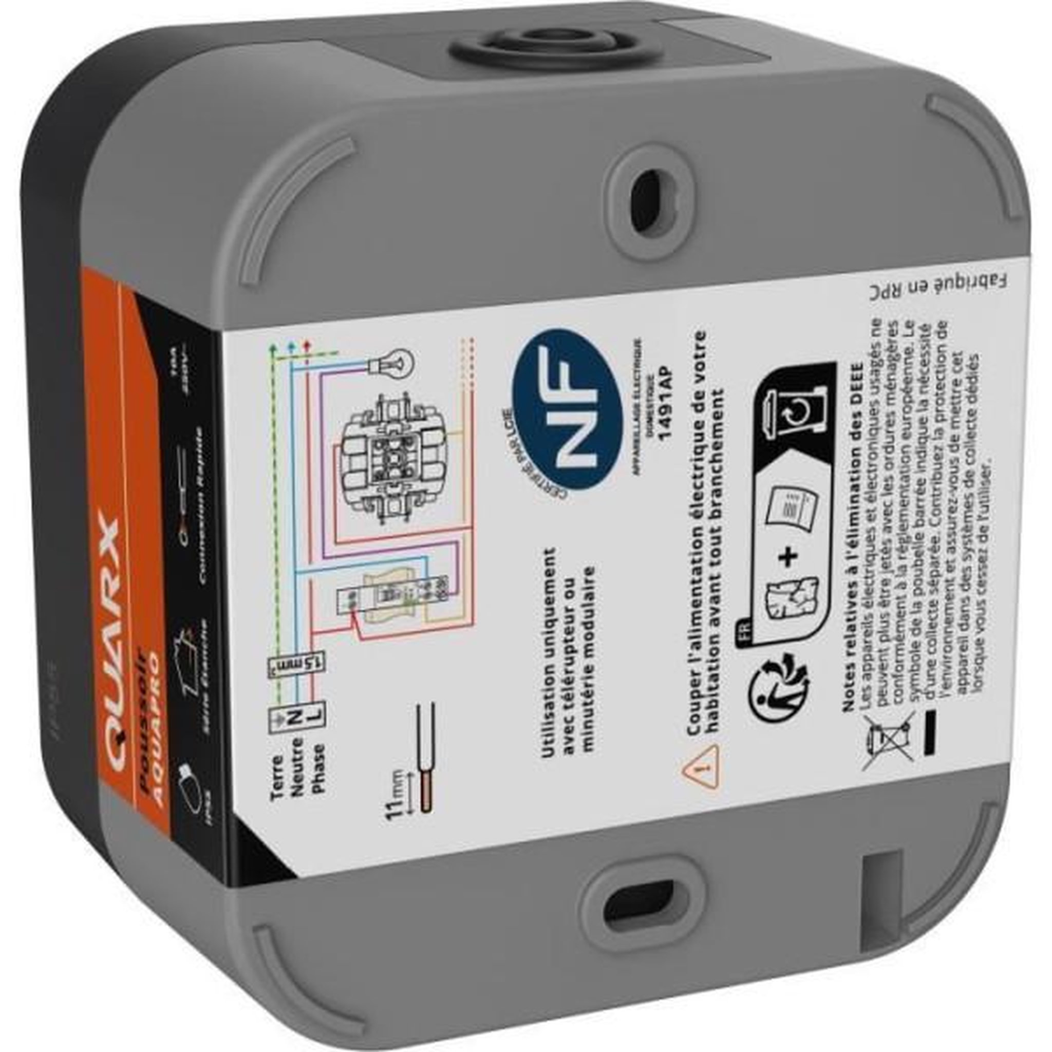 Voir la diapositive 2 : MARKET24 Poussoir - quarx - aqua pro - extérieur, 250v, 10a, ip55, conforme nf