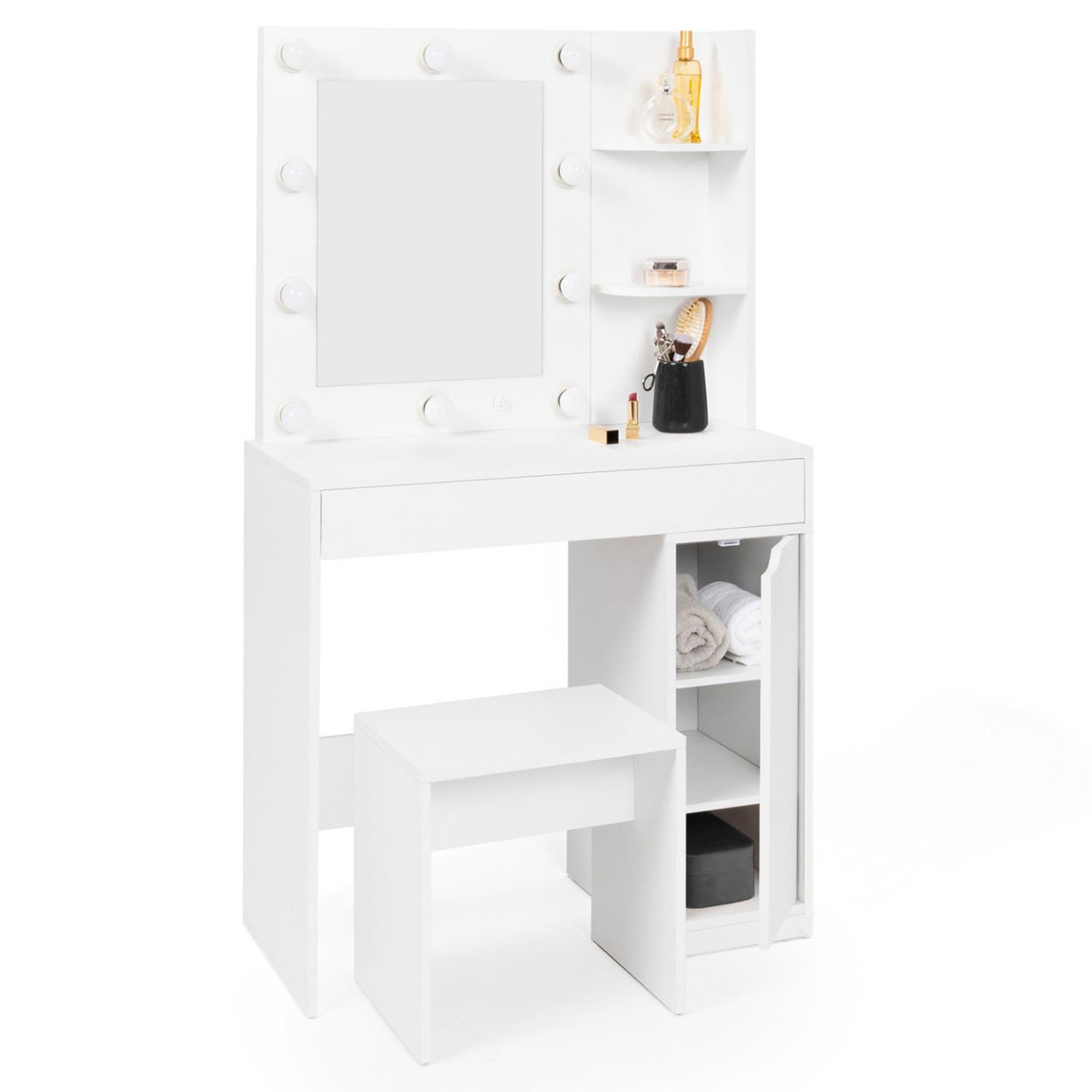 ID MARKET Coiffeuse zelia miroir led avec 1 tiroir, étagères, caisson de rangement et tabouret