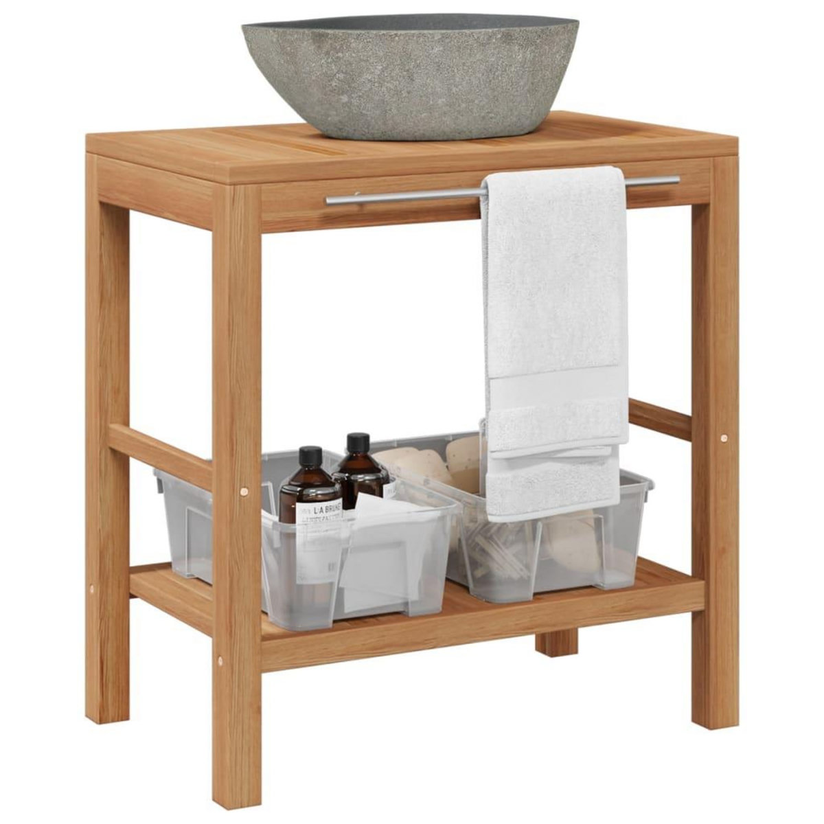 VIDAXL Armoire de toilette Teck solide et lavabo en pierre de riviere