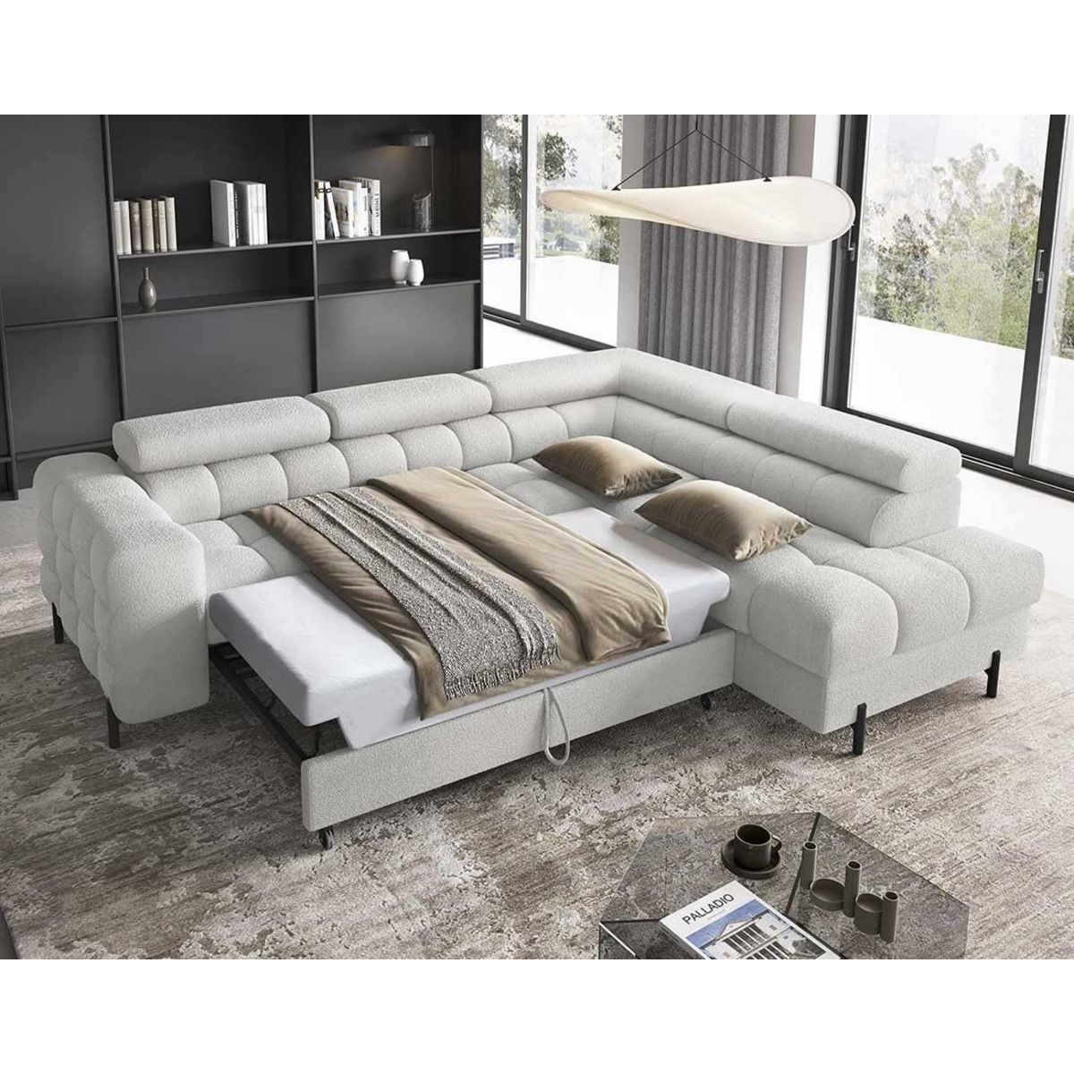 BEST MOBILIER Elisa - canapé d'angle droit 5 places convertible avec coffre et têtières réglables en tissu bouclette