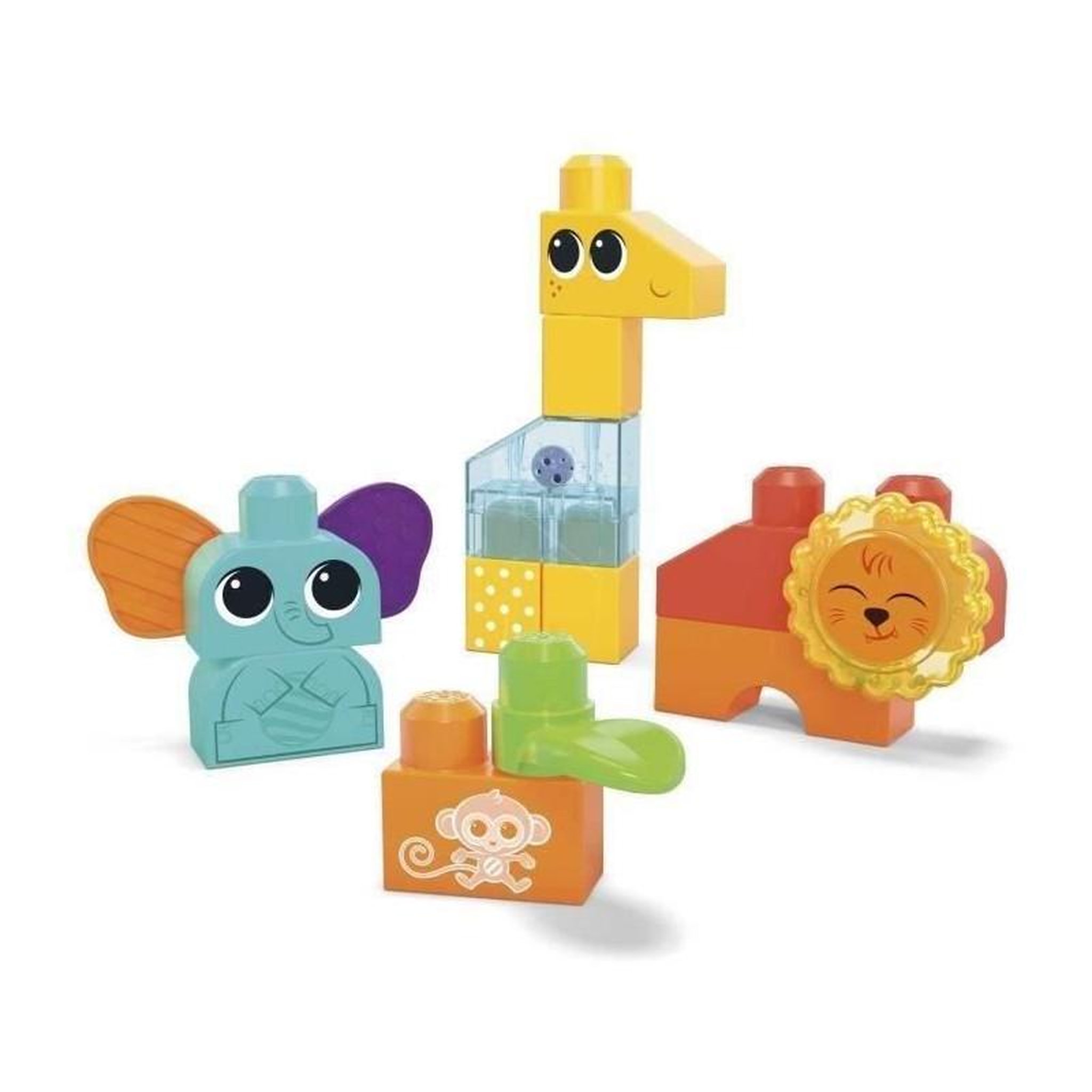 MEGA BLOKS Jeu de construction SAFARI DES SENS MEGABLOKS - Girafe clochette, lion billes et éléphant oreille souple