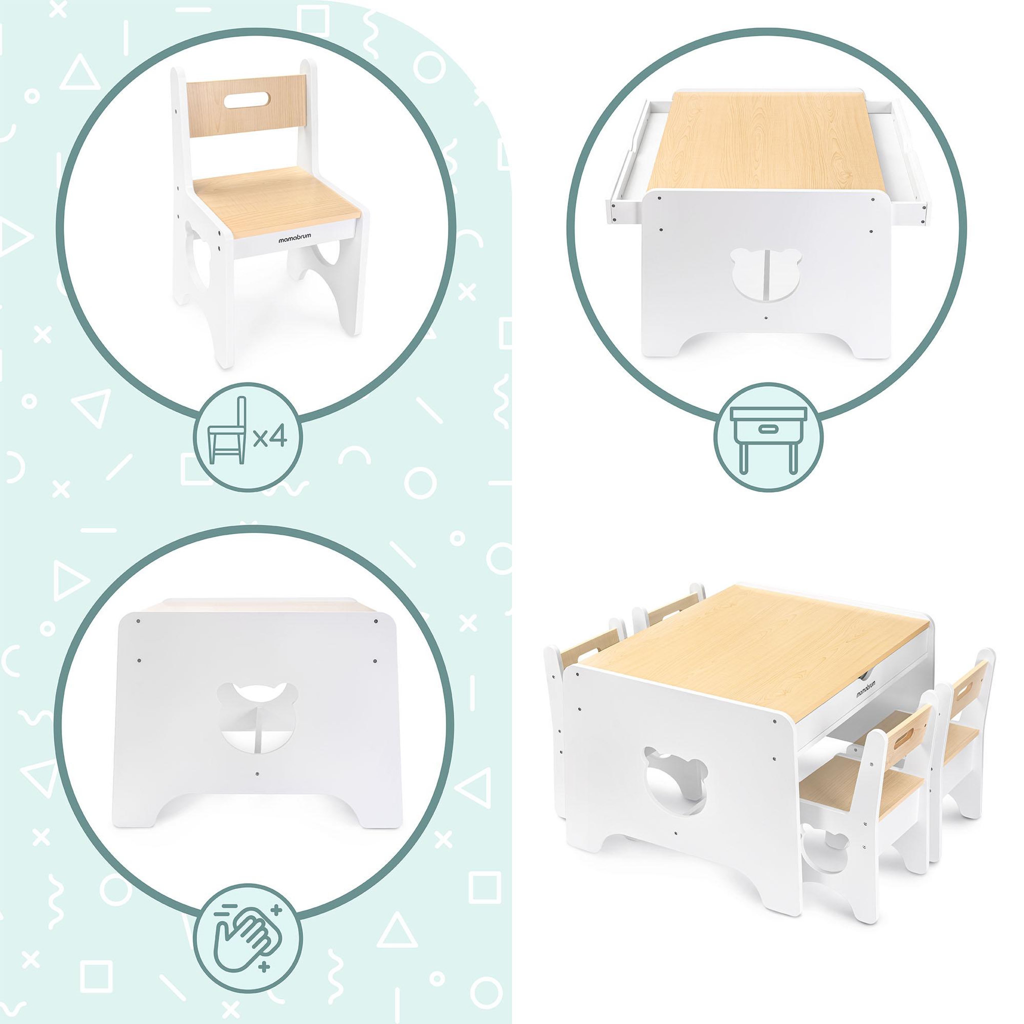 Voir la diapositive 2 : MAMABRUM Ensemble table et 4 chaises Mamabrum blanc et bois avec tiroirs et motifs oursons