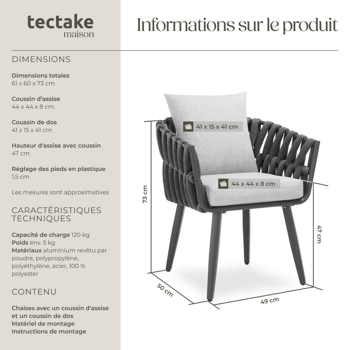 tectake Chaise avec cadre en aluminium gris anthracite