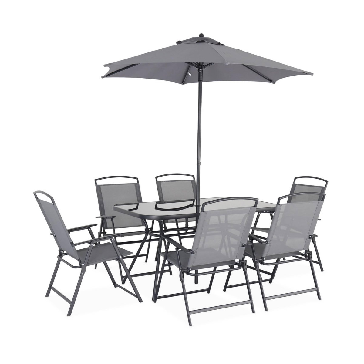 SWEEEK Table de jardin acier avec parasol + 6 assises. anthracite. structure acier avec revêtement anti rouille