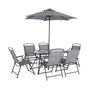 Voir la diapositive 1 : SWEEEK Table de jardin acier avec parasol + 6 assises. anthracite. structure acier avec revêtement anti rouille