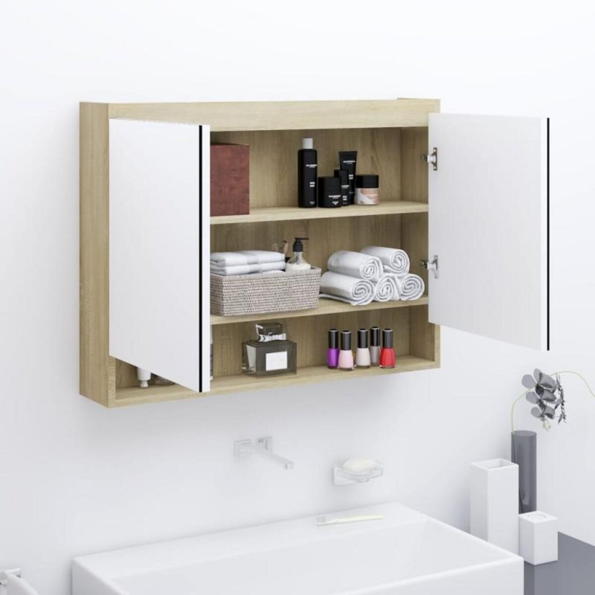 VIDAXL Armoire à miroir de salle de bain 80x15x60cm MDF Blanc et chêne