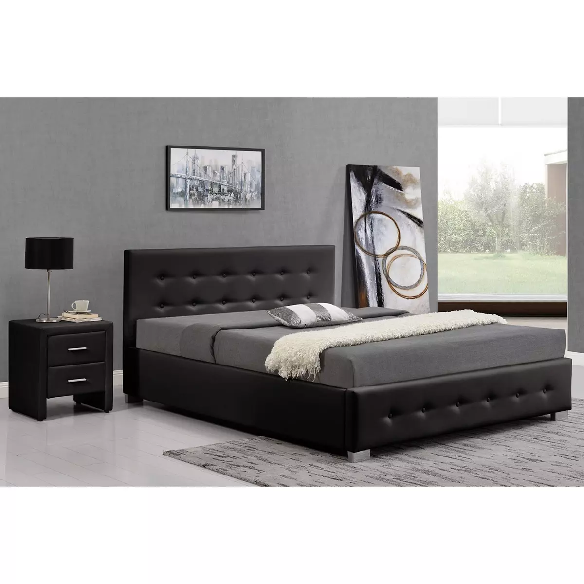 CONCEPT USINE Cadre de lit capitonnée noir avec coffre de rangement intégré -140x190 cm NEWINGTON