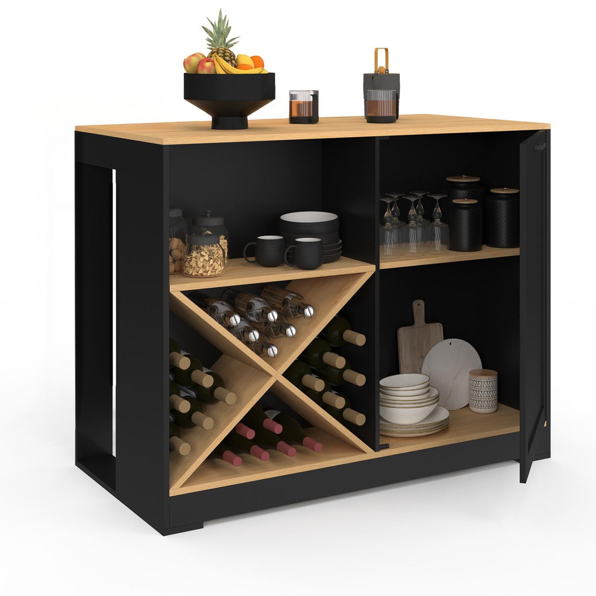 ID MARKET Table de bar îlot vito 113 cm avec range bouteilles bois noir et plateau façon hêtre