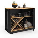 ID MARKET Table de bar îlot VITO 113 cm avec range bouteilles bois noir et plateau façon hêtre