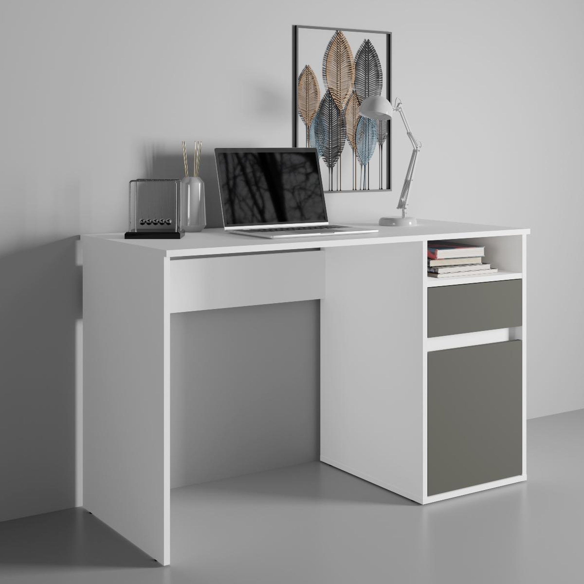 Voir la diapositive 3 : JLC KREATION Bureau moderne blanc et gris 120cm avec rangement ALBI