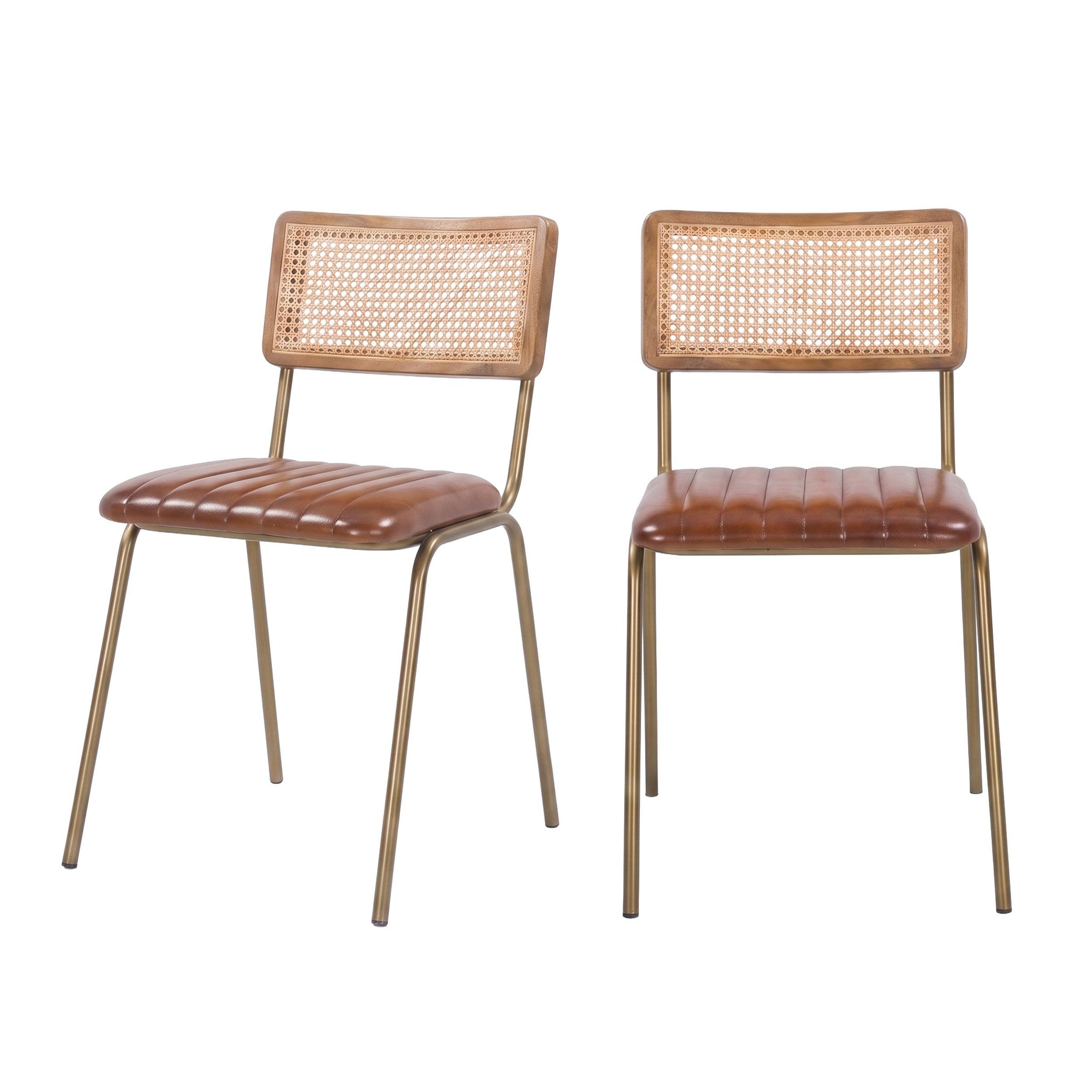 Voir la diapositive 1 : MAISON PAVANE Lot de 2 chaises en cannage et cuir marron-Arsène