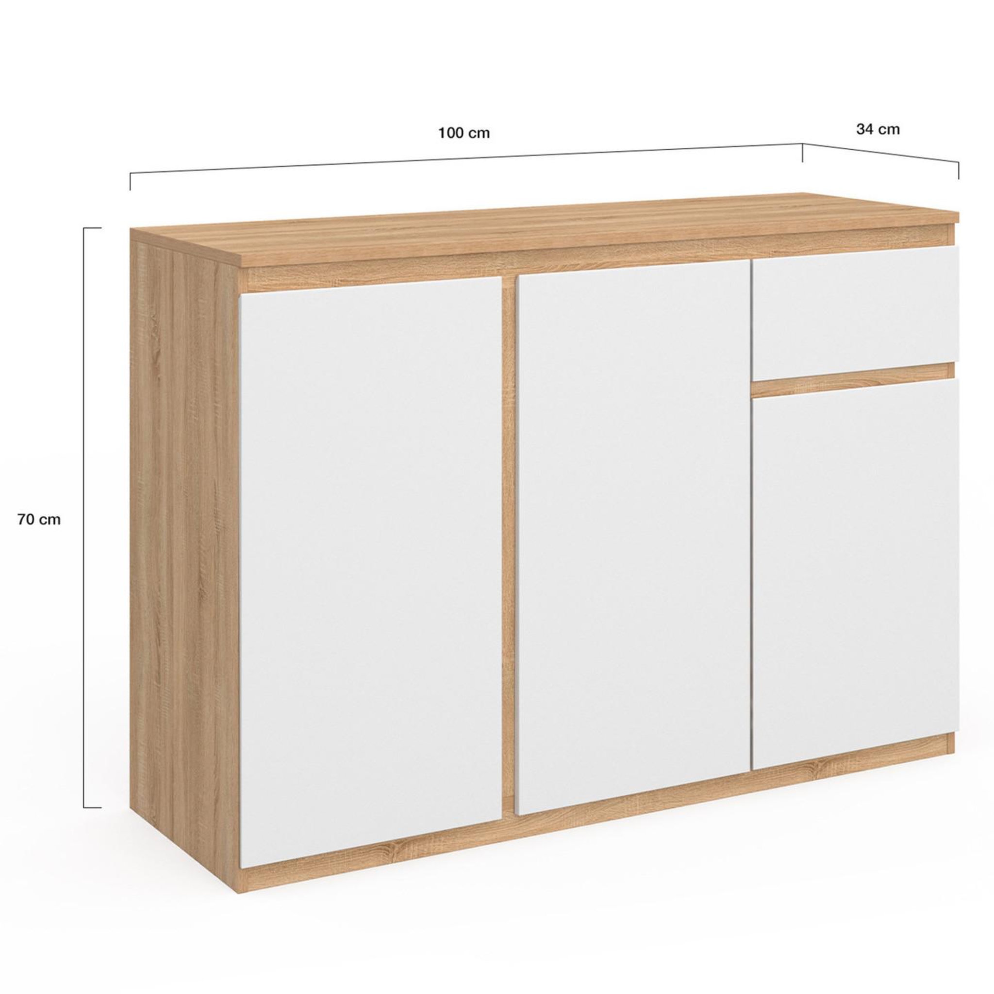 Voir la diapositive 5 : ID MARKET Buffet 100 cm TOMI 3 portes et 1 tiroir blanc et bois