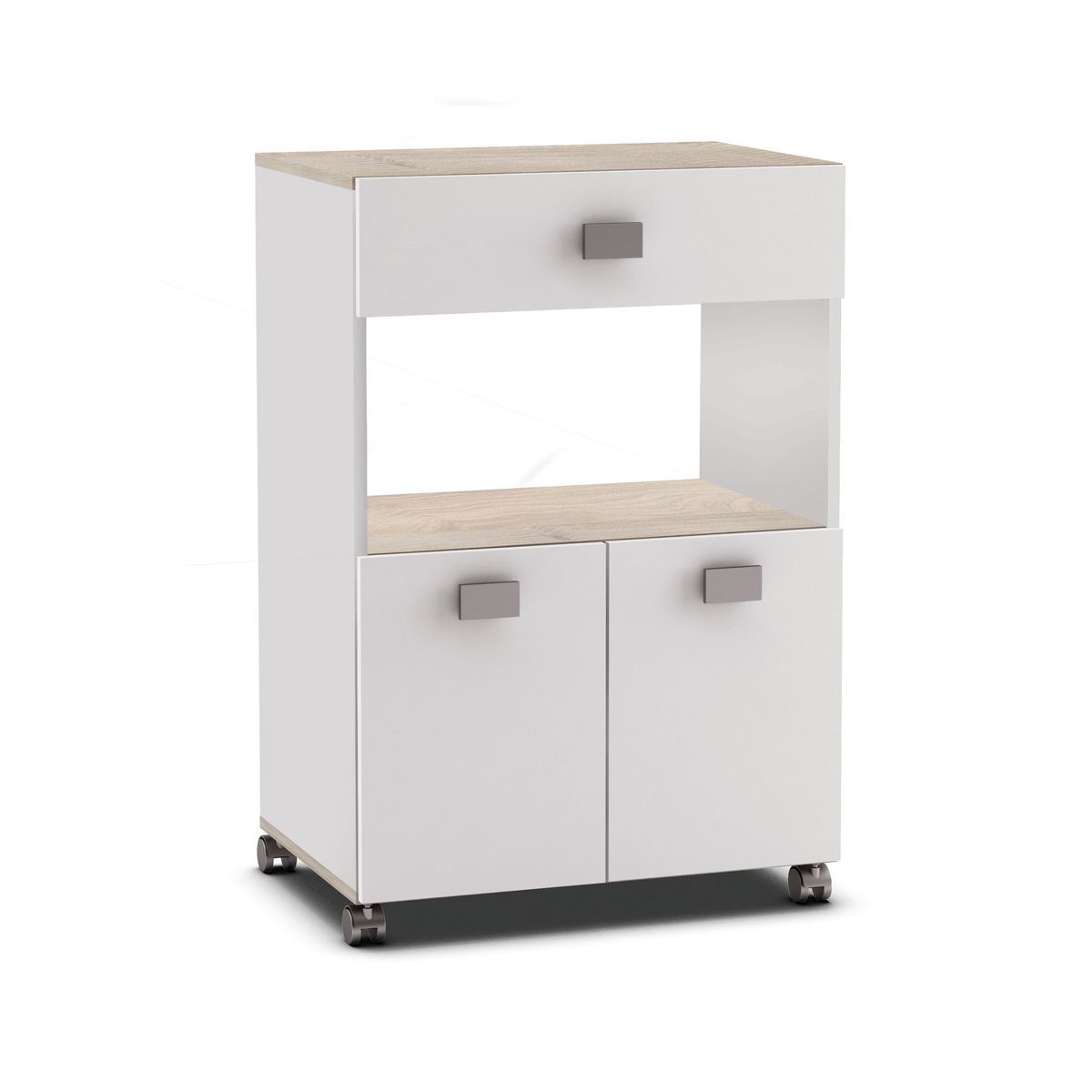 Desserte micro ondes 2 portes 1 tiroir à roulettes L42 x P59,6 x H88,3 cm THYM