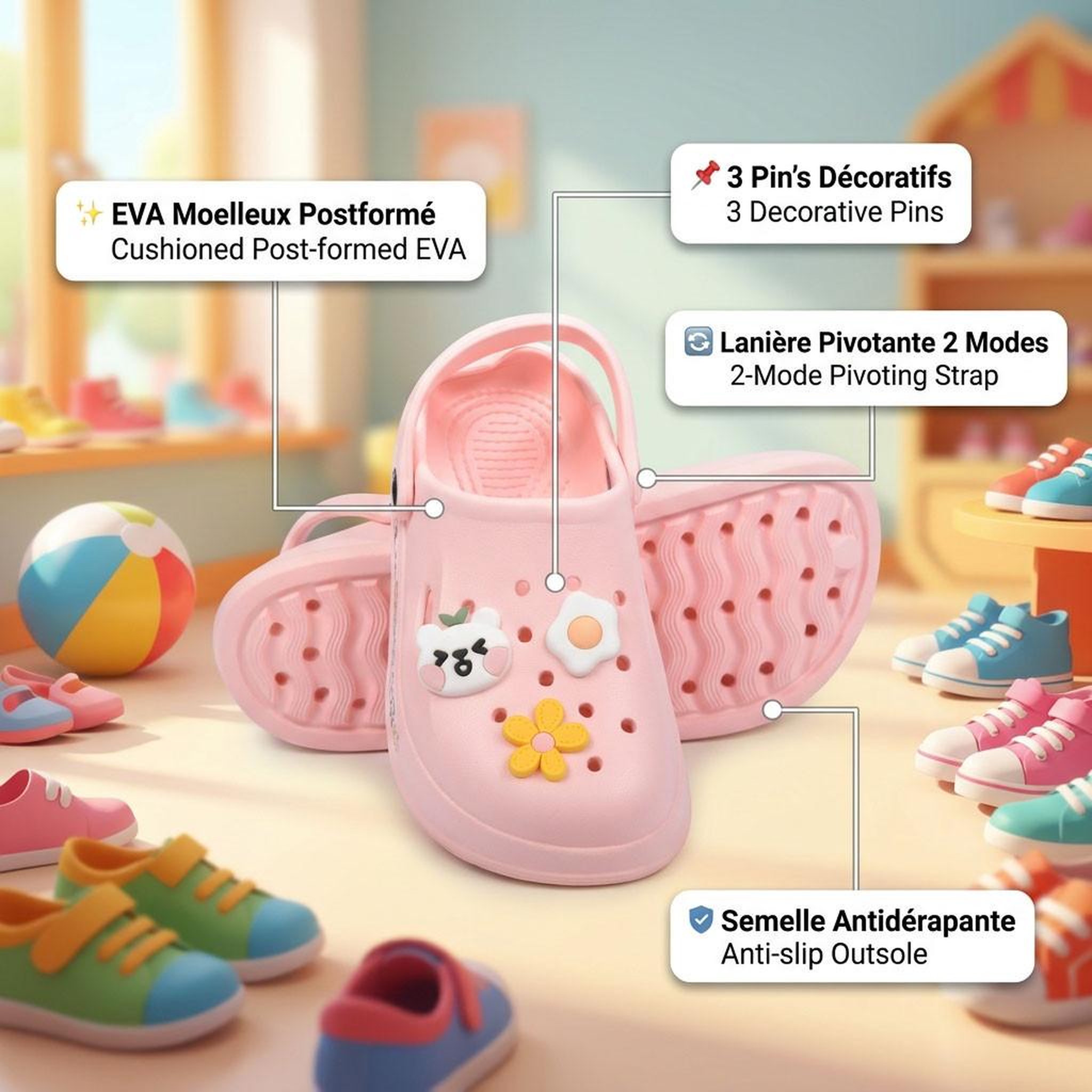 Voir la diapositive 4 : OZABI OZABI Sabot Enfant EVA Moelleux - 3 Pin's Décoratifs - Lanière Pivotante