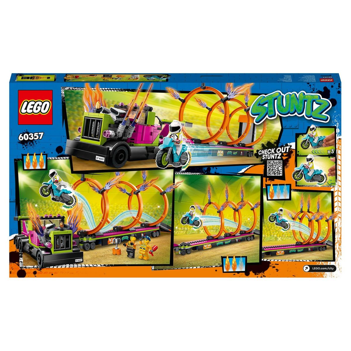 LEGO City 60357 - Le défi de cascade : les cercles de feu, Jouet Moto de Cascadeur avec Camion et Minifigurines