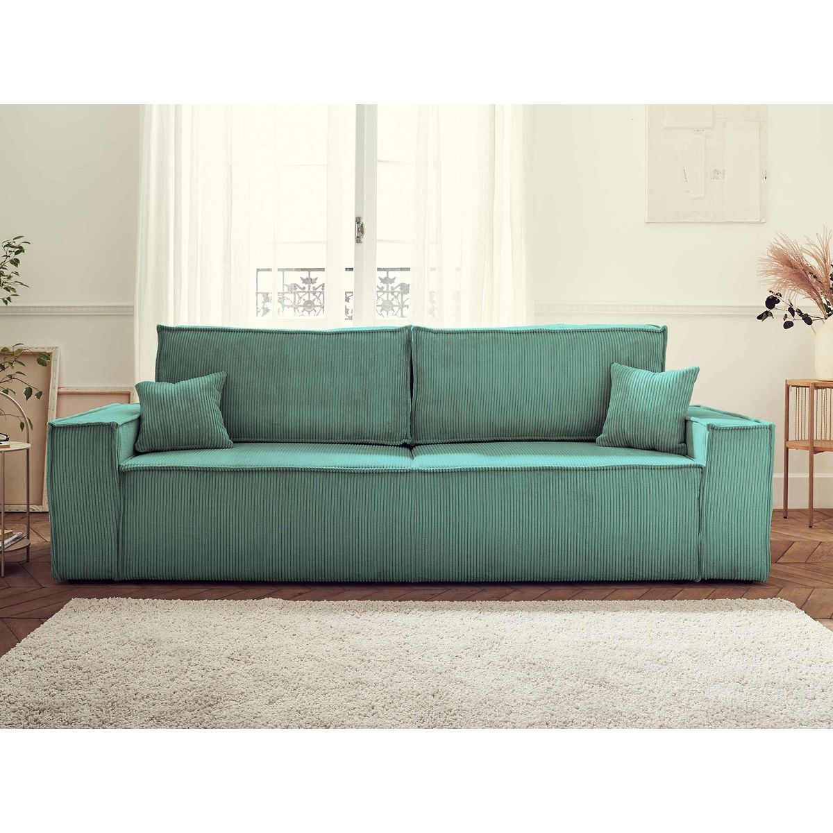 BEST MOBILIER Dellia - canapé 3 places convertible - avec coffre - en velours côtelé - style contemporain