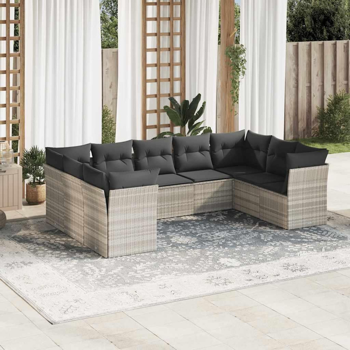 VIDAXL Salon de jardin 9 pcs avec coussins gris clair resine tressee