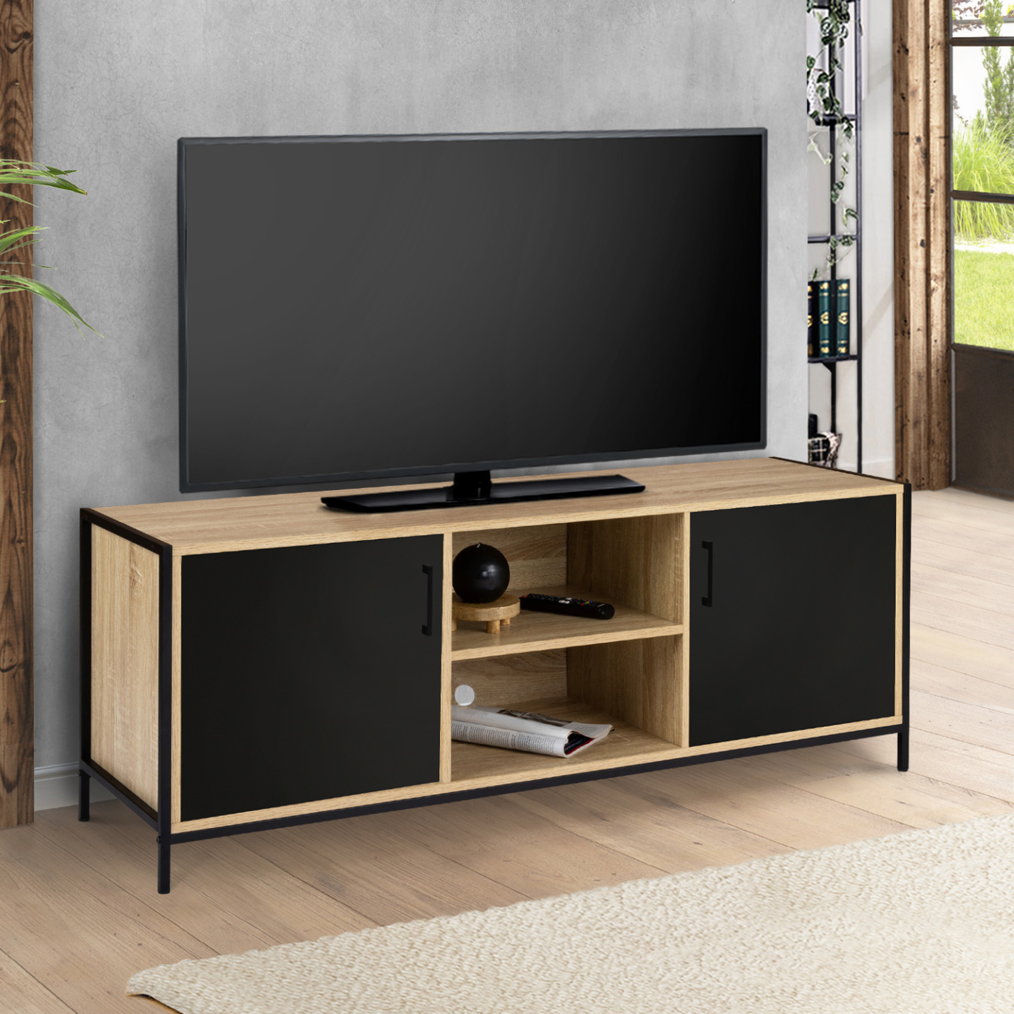 Voir la diapositive 2 : ID MARKET Meuble tv 140 cm boston 2 portes noires design industriel