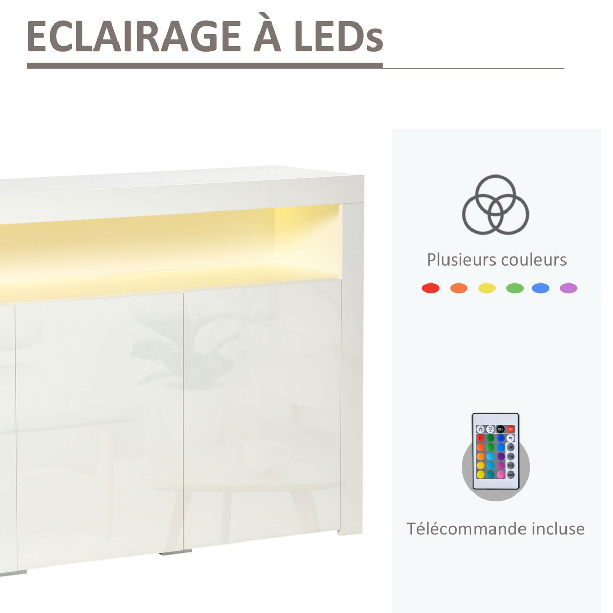 HOMCOM HOMCOM Buffet LED - meuble de rangement LED - 3 placards avec étagère et grande niche - panneaux particules MDF blanc laqué