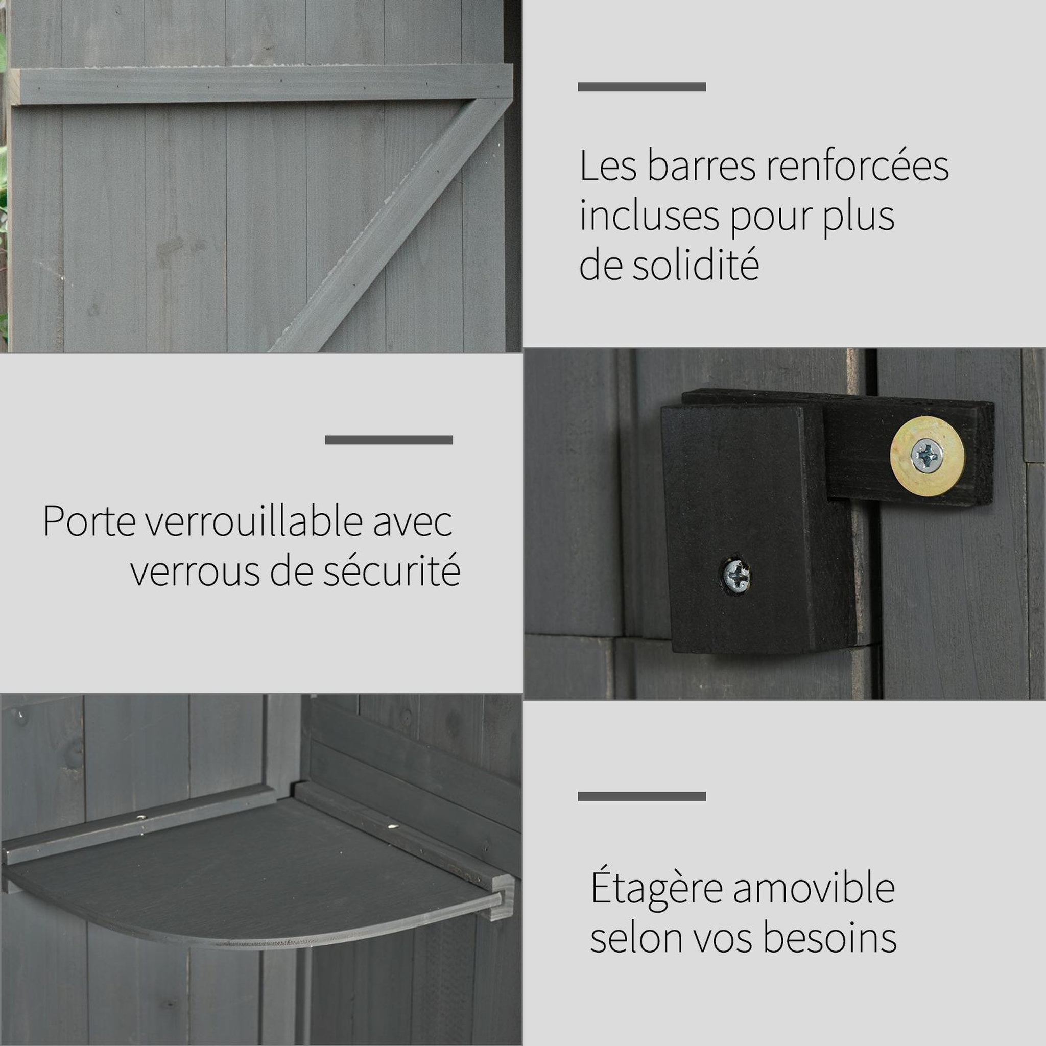 Voir la diapositive 6 : OUTSUNNY Armoire abri de jardin remise pour outils 3 étagères 2 portes loquets toit pente bitumé 77L x 54l x 179H cm sapin traité gris