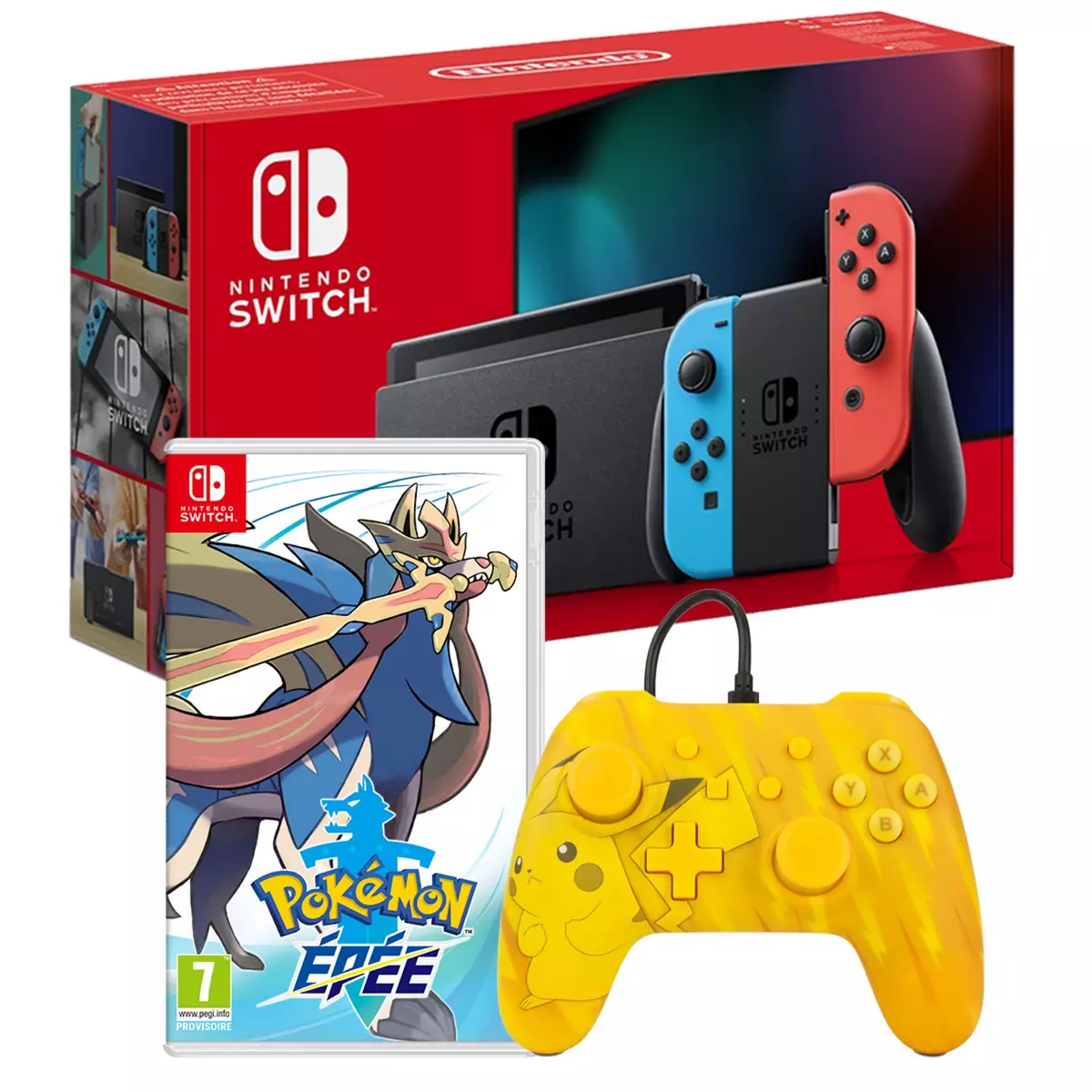 NINTENDO Console Nintendo Switch Joy-Con Bleu et Rouge + Pokémon Épée + Manette Filaire Jaune Pikachu Nintendo Switch