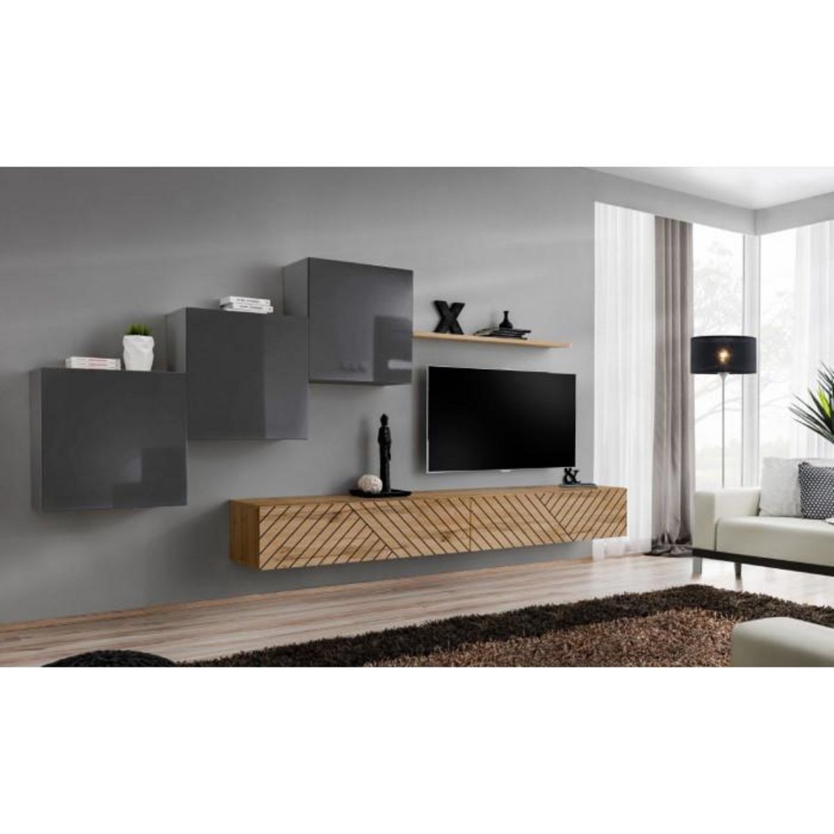 Paris Prix Ensemble Meuble TV  Switch Lamel X  330cm Naturel & Gris