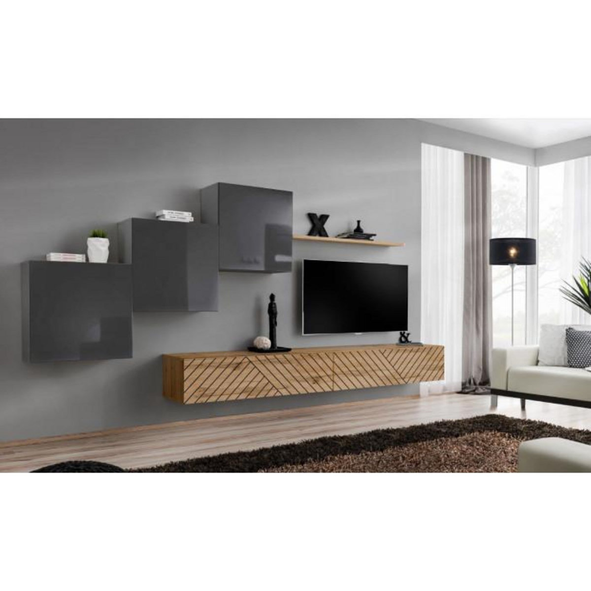 Paris Prix Ensemble Meuble TV  Switch Lamel X  330cm Naturel & Gris