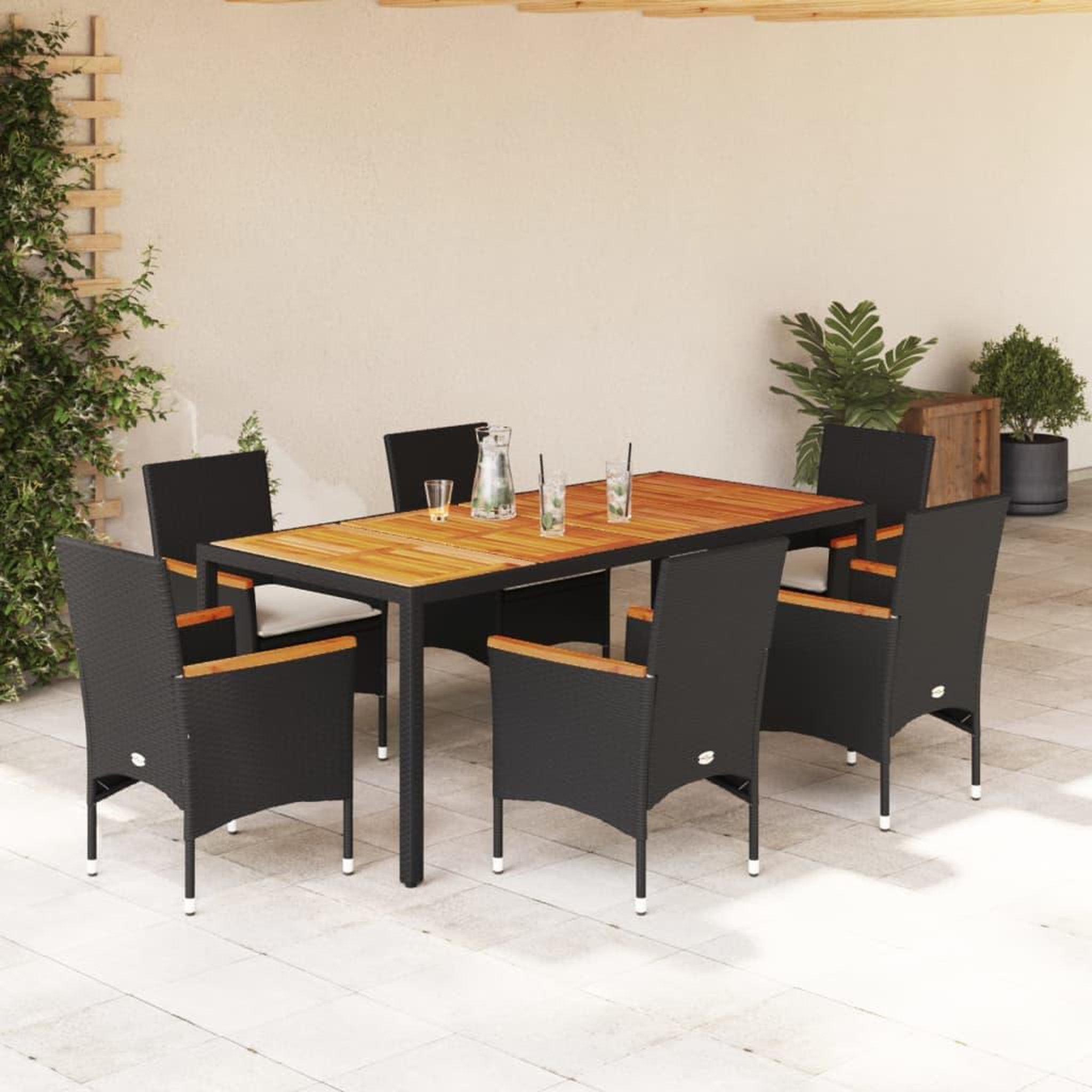 VIDAXL Ensemble a manger de jardin et coussins 7pcs noir rotin acacia