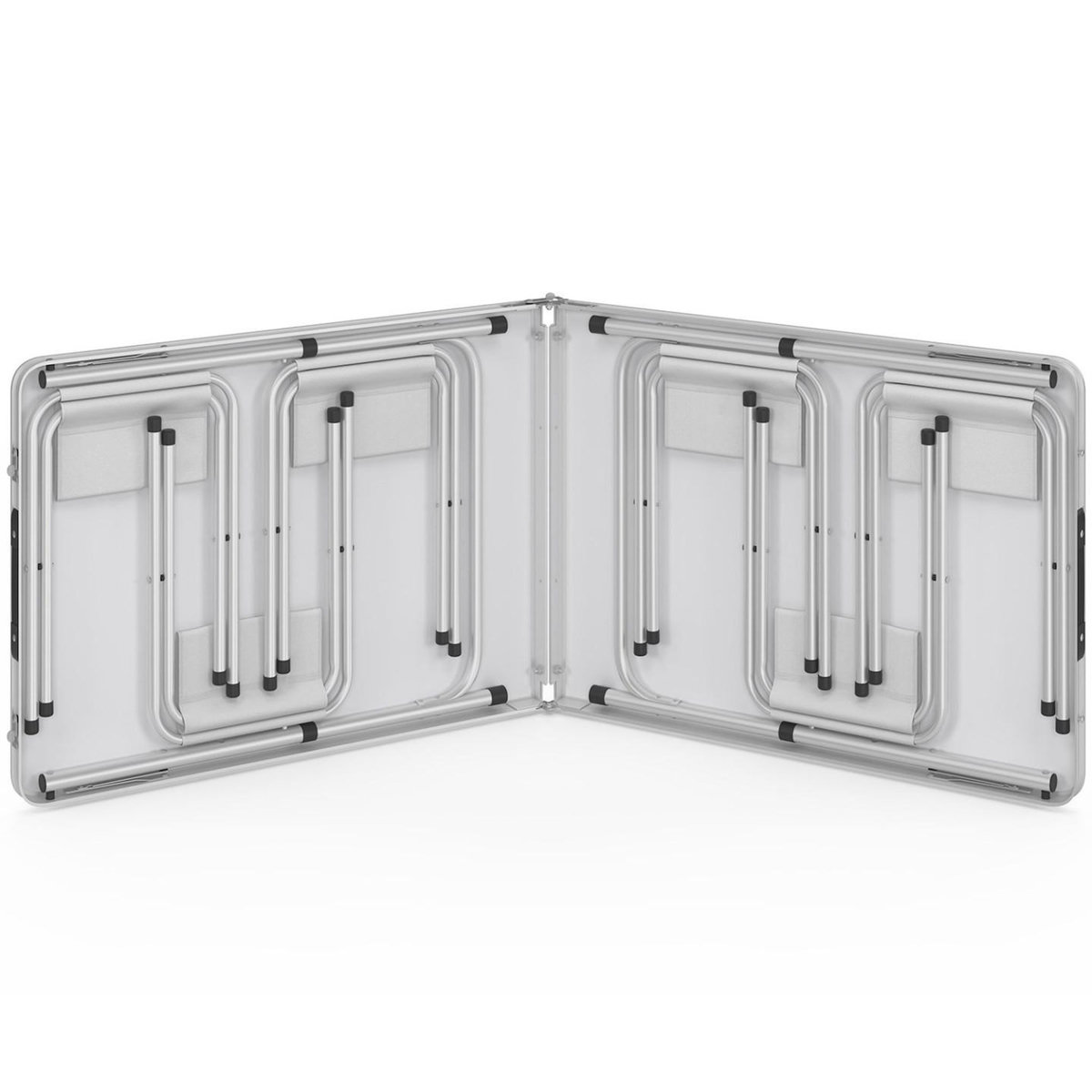 ID MARKET Table de camping pliante réglable en hauteur 160 cm et 6 tabourets blancs