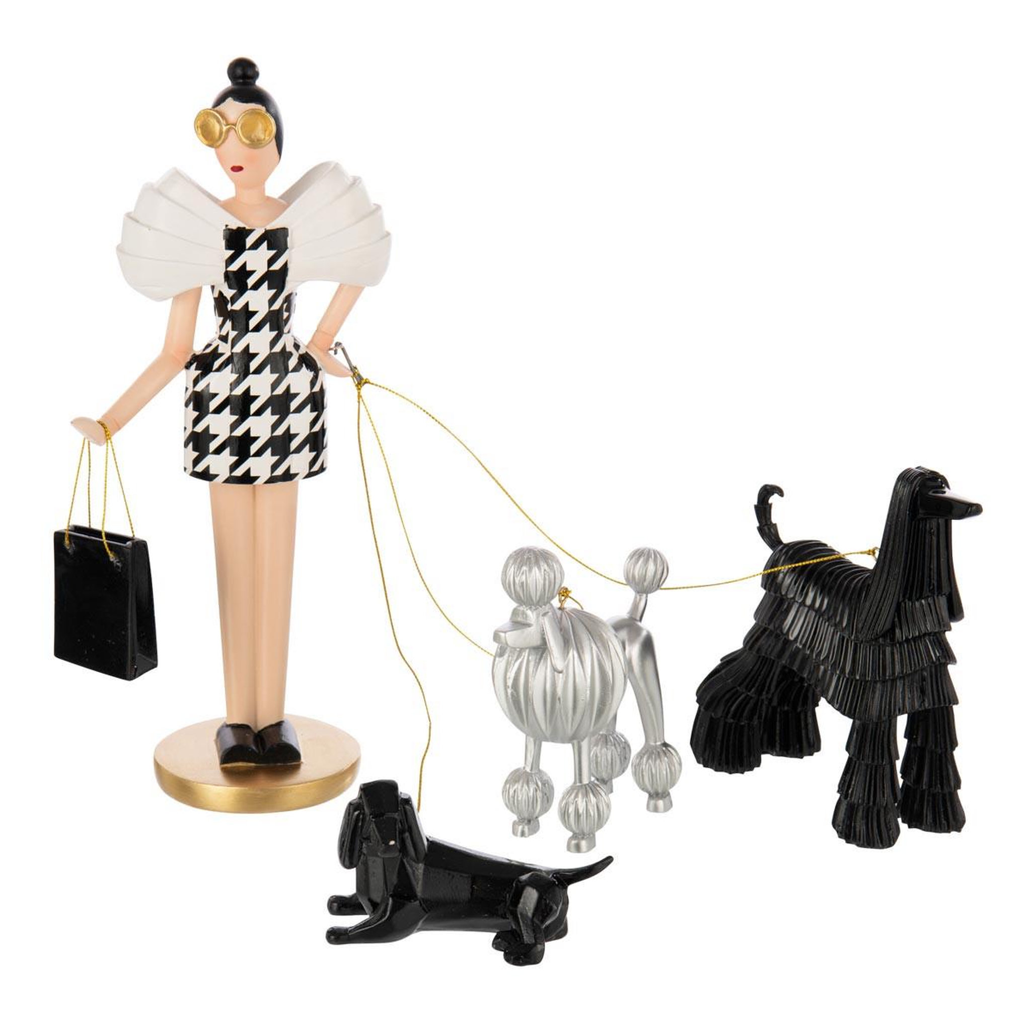 J-LINE Statuette femme chiens  pied-de-poule  29cm multicolore