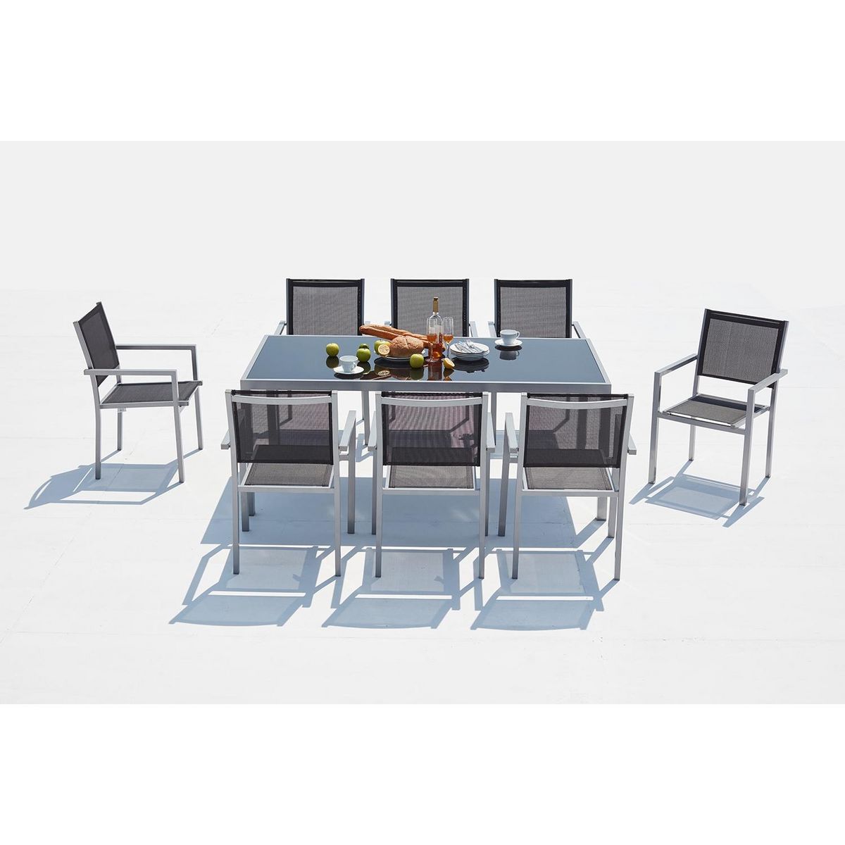 CONCEPT USINE Table de jardin et 8 fauteuils aluminium et toile PVC gris SALERNE