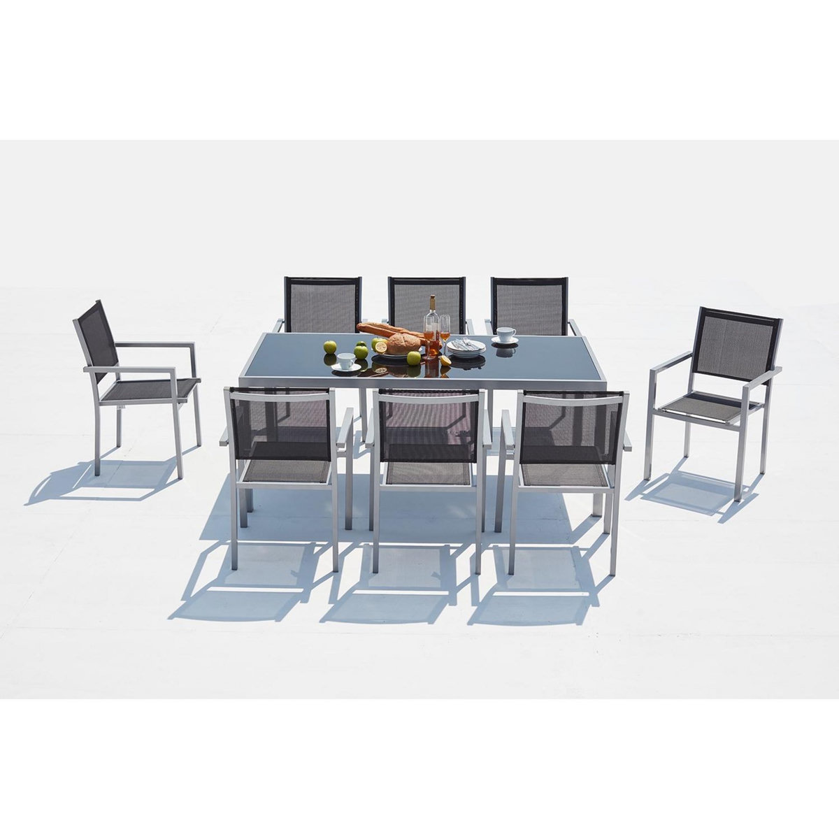 CONCEPT USINE Table de jardin et 8 fauteuils aluminium et toile PVC gris SALERNE