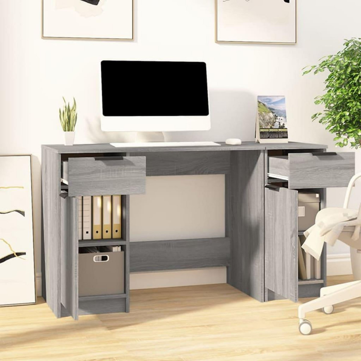 VIDAXL Bureau avec armoire laterale Sonoma gris Bois d'ingenierie