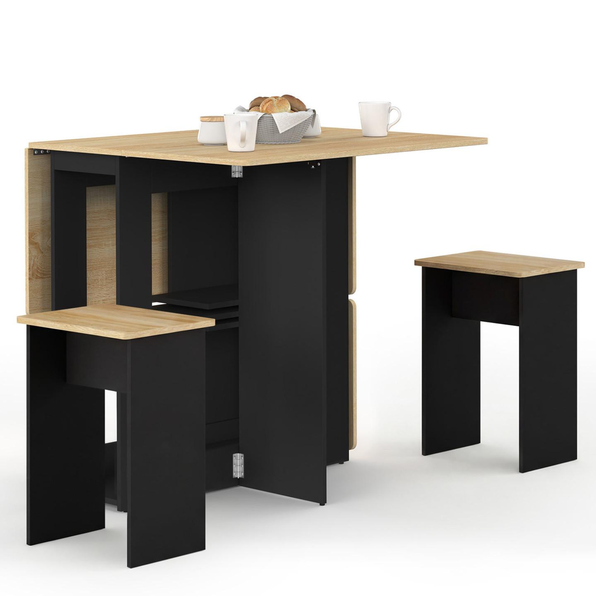 Voir la diapositive 4 : ID MARKET Ensemble table console pliable edi 2-4 personnes bois noir et plateau façon hêtre avec 4 tabourets