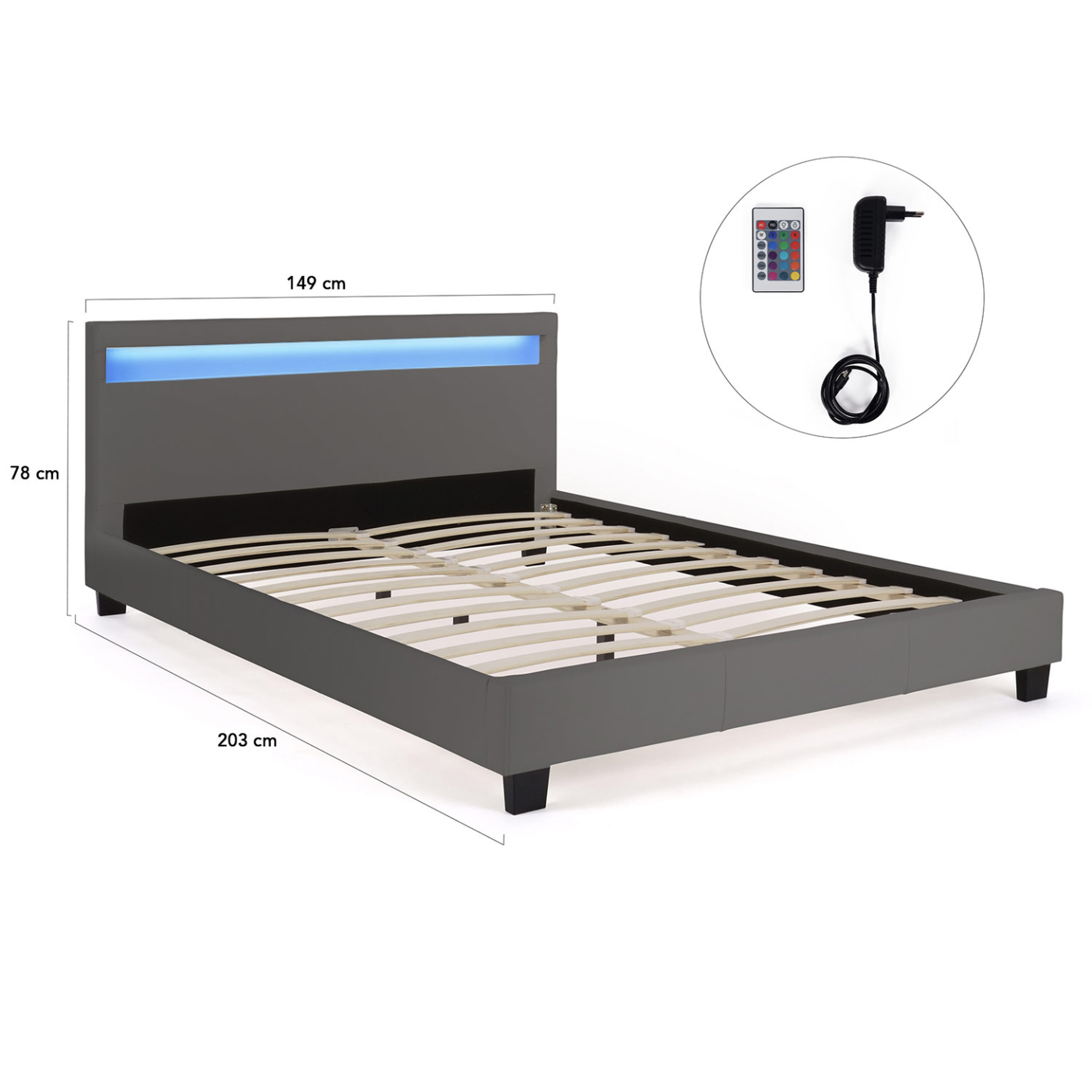 Voir la diapositive 6 : ID MARKET Lit double neo avec tête de lit led intégrées et sommier 140 x 190 cm pvc gris