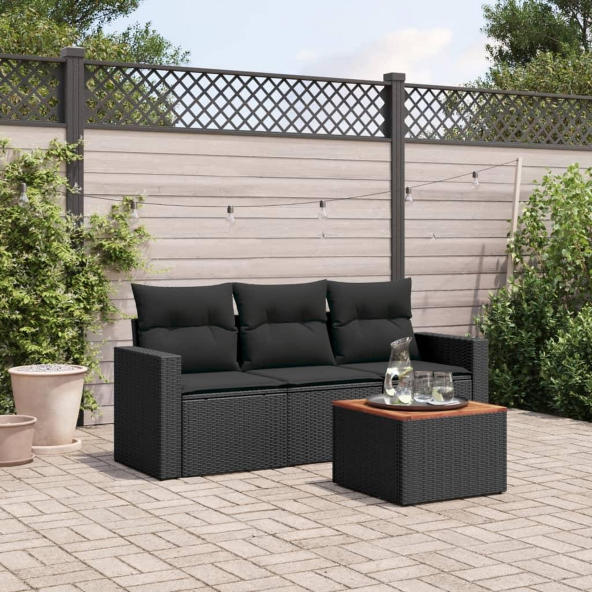 VIDAXL Salon de jardin 4 pcs avec coussins noir resine tressee