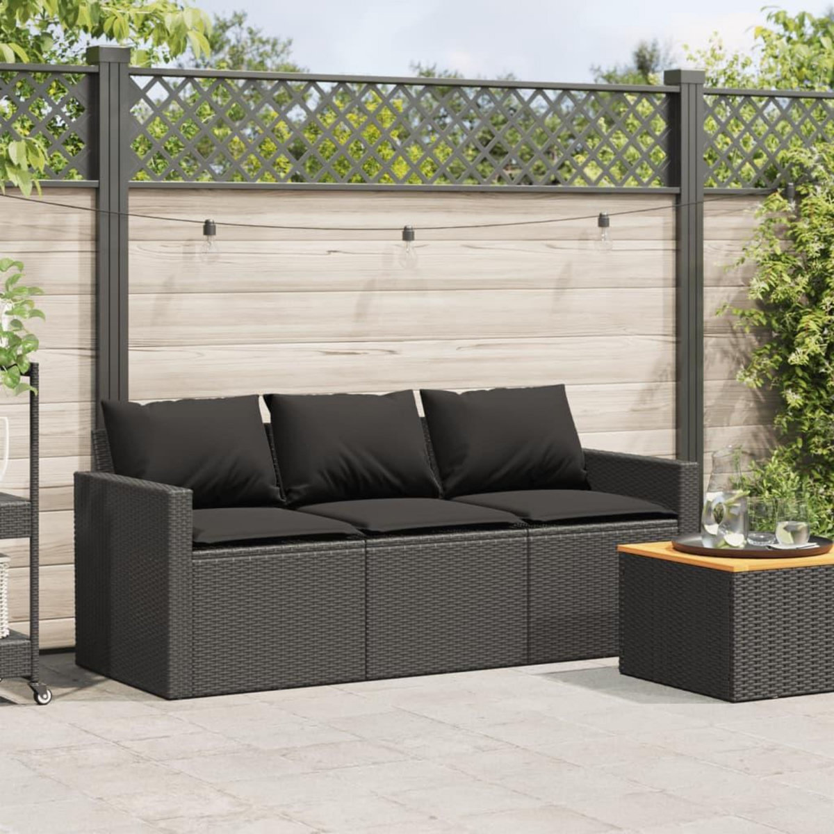 VIDAXL Canape de jardin avec coussins 3 places noir resine tressee