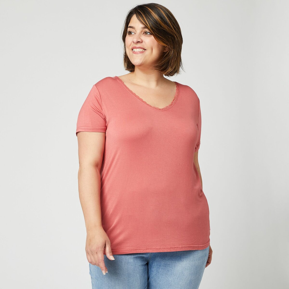 IN EXTENSO T-shirt manches courtes rose col v en dentelle grande taille femme