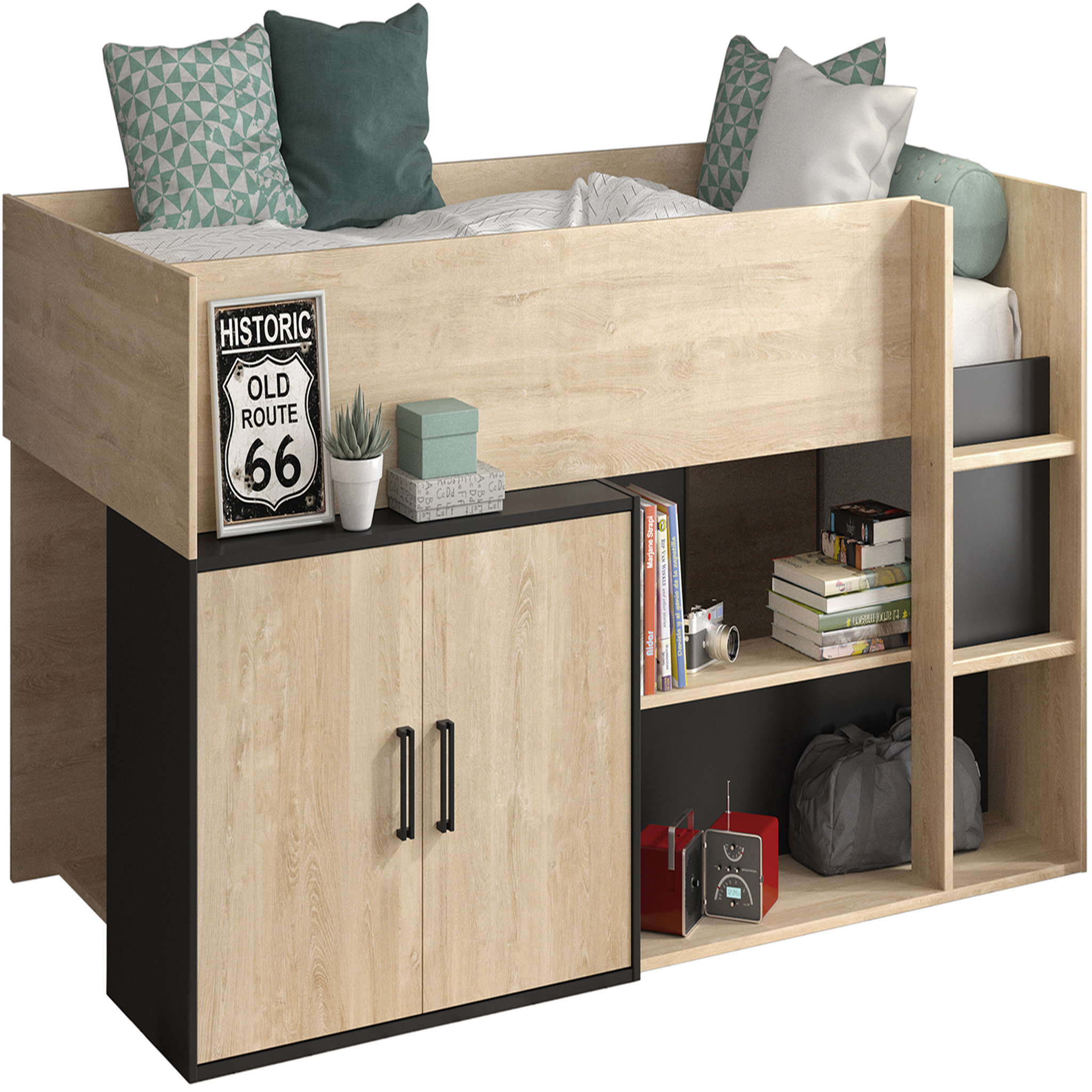 Voir la diapositive 1 : Lit combiné 90x200cm avec rangements CLEVELAND