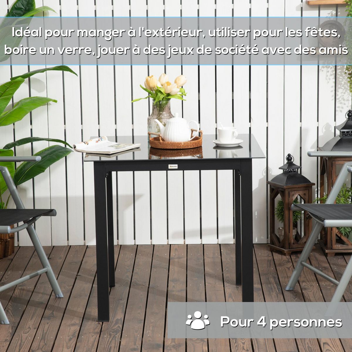 OUTSUNNY Table de jardin carrée 4 personnes dim. 80L x 80l x 74H cm alu. plateau verre trempé noir