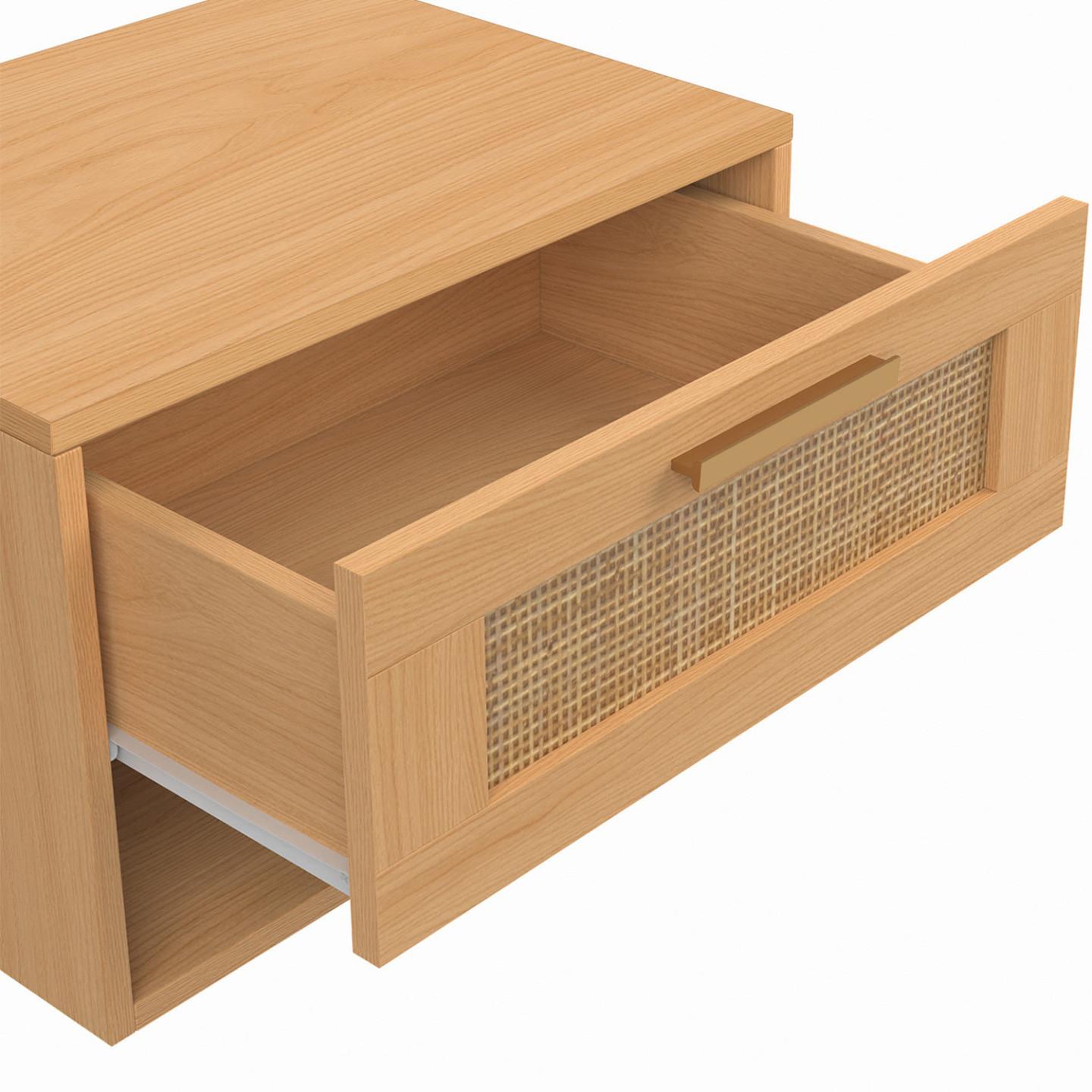 Voir la diapositive 5 : ID MARKET Lot de 2 tables de chevet murales robert 1 tiroir avec niche effet naturel cannage et bois