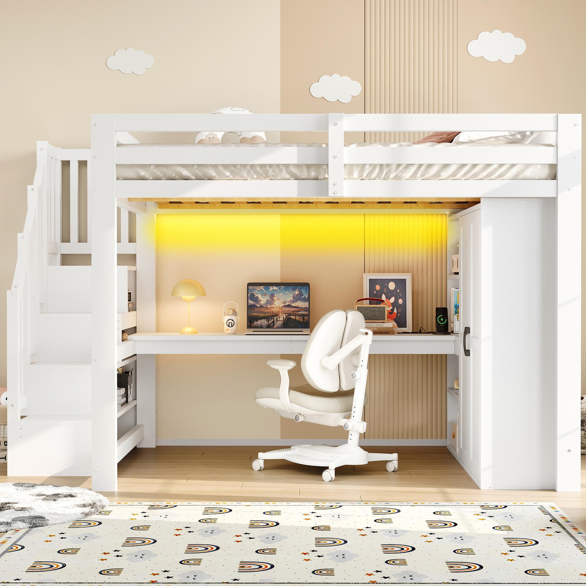 Voir la diapositive 2 : MERAX Lit combiné enfant 140x200 cm coloris blanc led pin