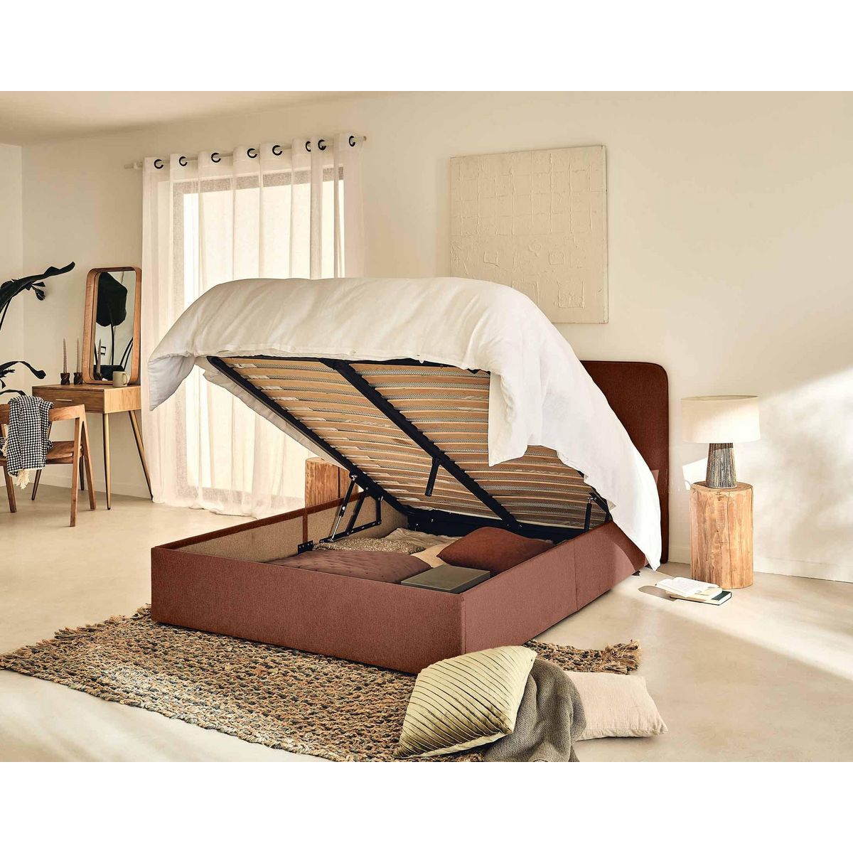 BEST MOBILIER Goyave - lit coffre - 140x190 - en tissu - sommier inclus