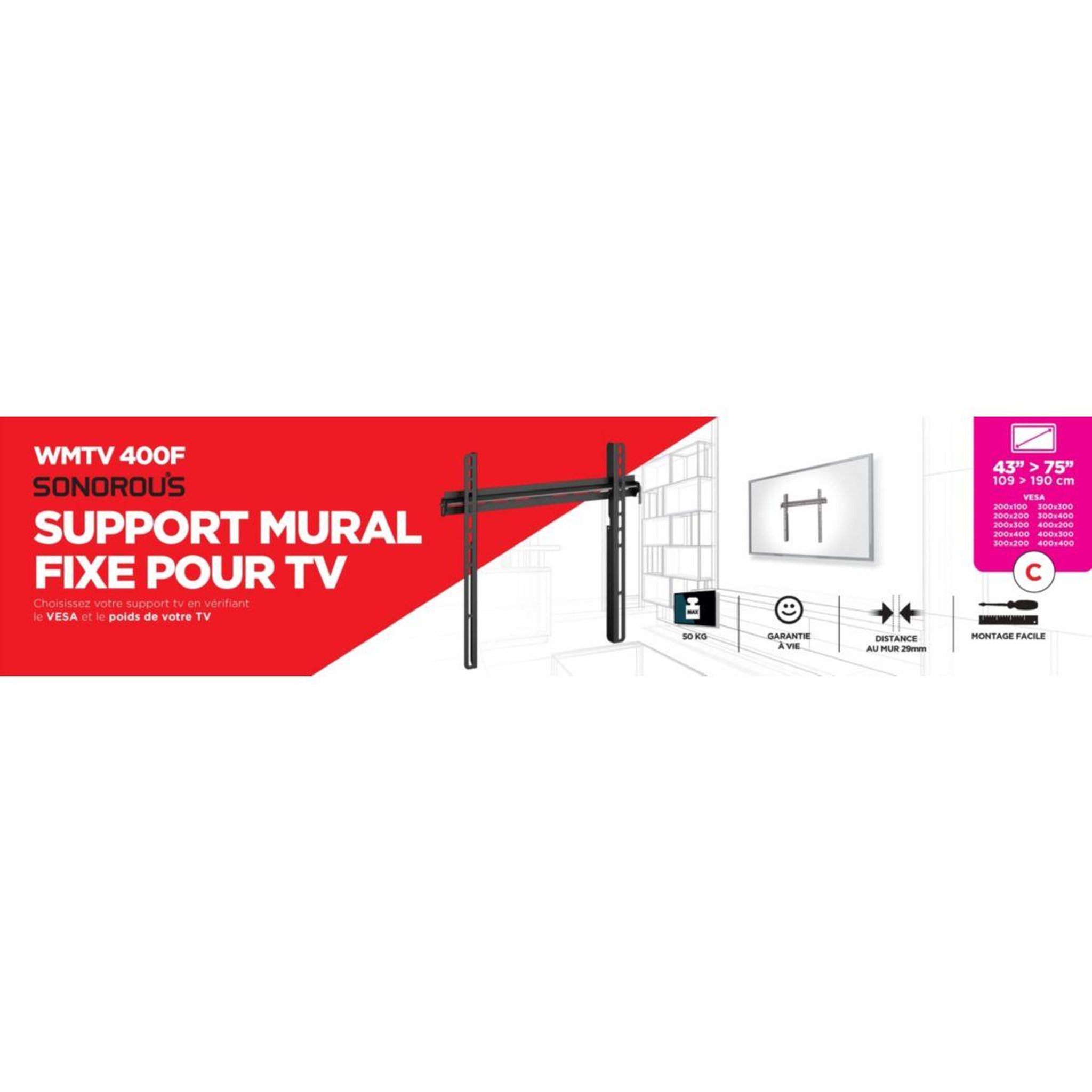 Voir la diapositive 3 : SONOROUS Support mural TV 43 a 75 pouces - WMTV 400F